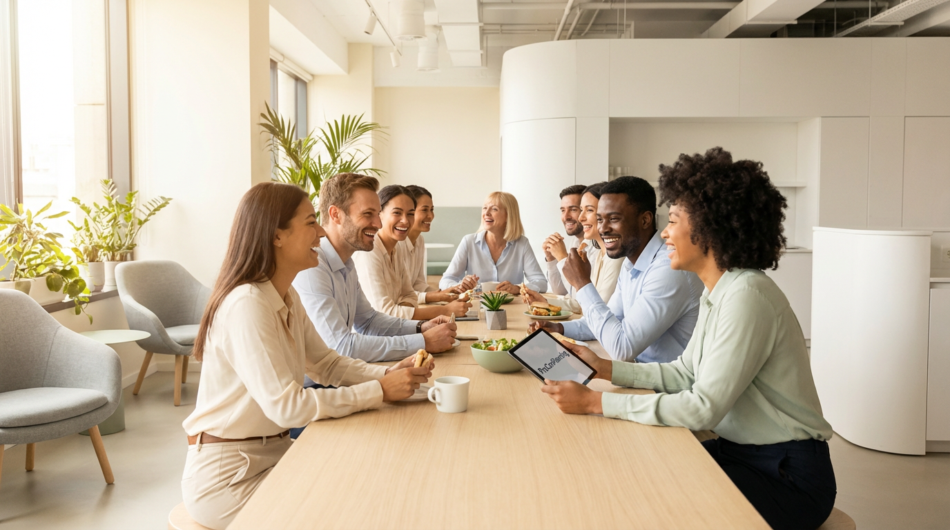 A diverse group of colleagues sitting around a wooden conference table, smiling and chatting during a meeting in a modern office.