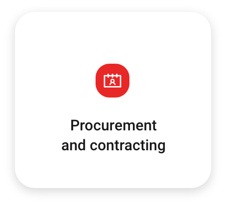 Mobile app or website screen displaying a red icon with a calendar and gear, labeled 'Procurement and contracting'.