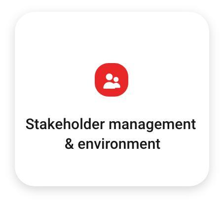 Icon of two people with a circle behind them, above the text 'Stakeholder management & environment'.