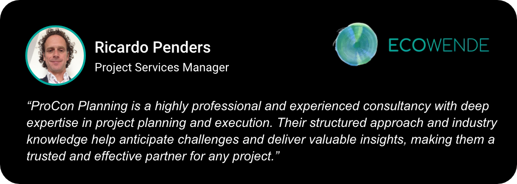 Contact card for Ricardo Penders, Project Services Manager at ECOWENDE, with a headshot photo, company logo, and a quote about professional project planning.