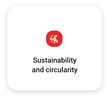 Icon of a leaf and wind with the text 'Sustainability and circularity'