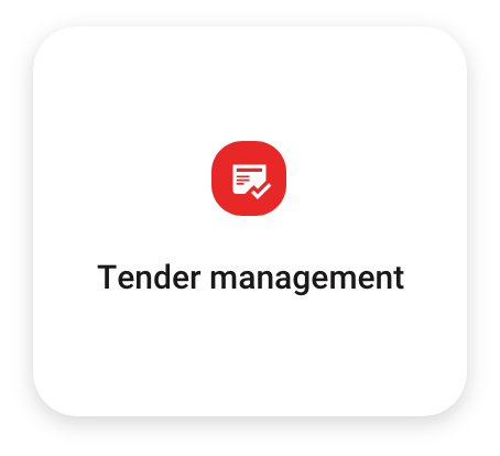 Red icon with a checkmark and document, above the text 'Tender management'