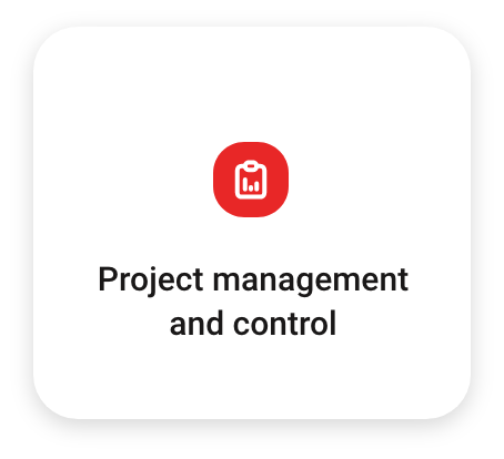 Icon of a clipboard with checkmarks above the text 'Project management and control' on a white background with a rounded border.