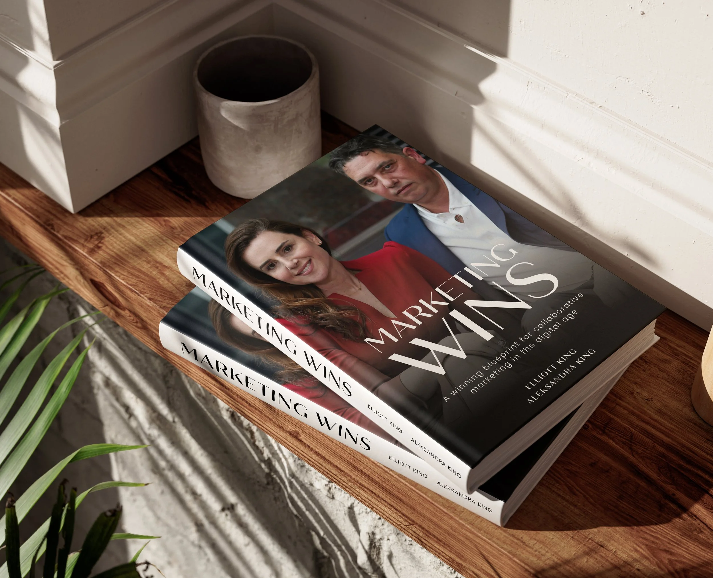Two copies of the book "Marketing Wins" by Elliott King and Aleksandra King placed on a wooden surface next to a small pot, with a white wall and a green plant nearby.