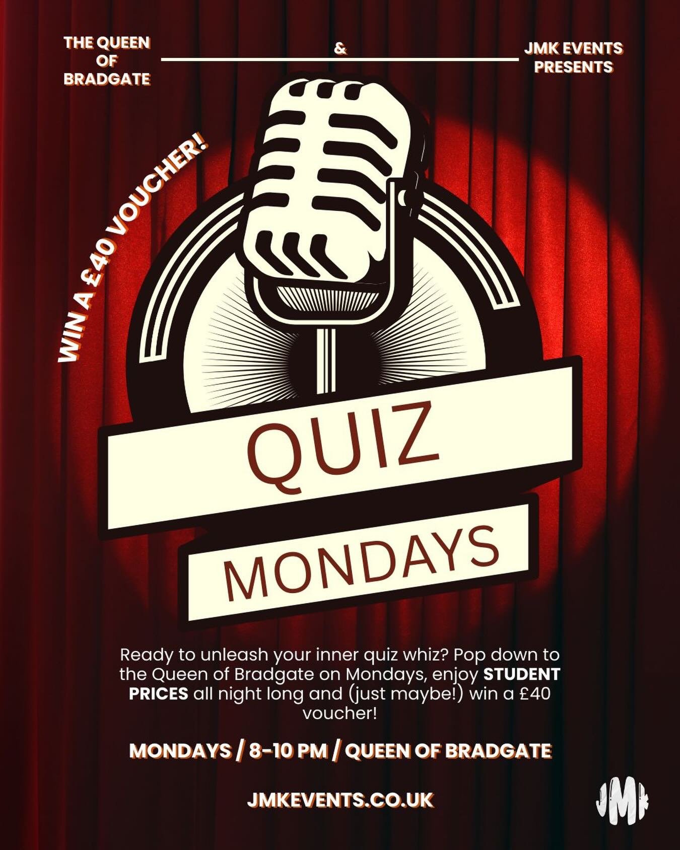 Wondering what to do on Monday?
WIN a &pound;40 VOUCHER at the @queenofbradgate &lsquo;s brand new pub quiz between 8-10pm.
FREE entry throughout January and student prices all night long!

#leicester #whatsonleicester #leicesterpubquiz