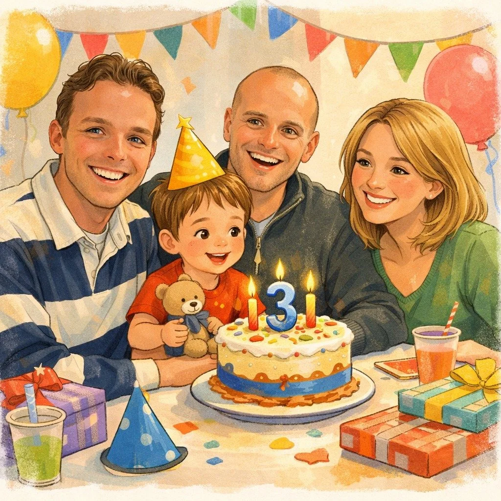 Jari, Niek, een toekomstige draagmoeder en een kindje samen op de derde verjaardag van het kind.