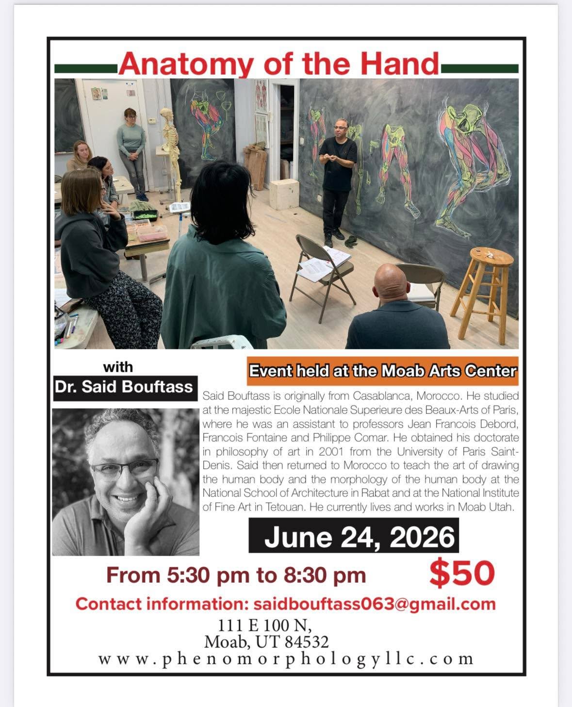 Notice for residents of Moab, the surrounding area, and/or visitors to Moab. A special session on hand anatomy is scheduled for June 24, 2026, from 5:30 p.m. to 8:30 p.m. at the Moab Arts Center.
I look forward to seeing you there.