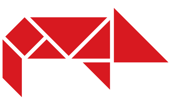Geometrisches Muster aus roten und schwarzen Dreiecken und Quadraten.