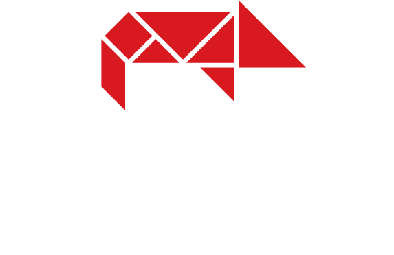 Grafische Darstellung eines roten, polygonalen Symbols, das an ein stilisiertes Ferkel erinnert, auf weißem Hintergrund.