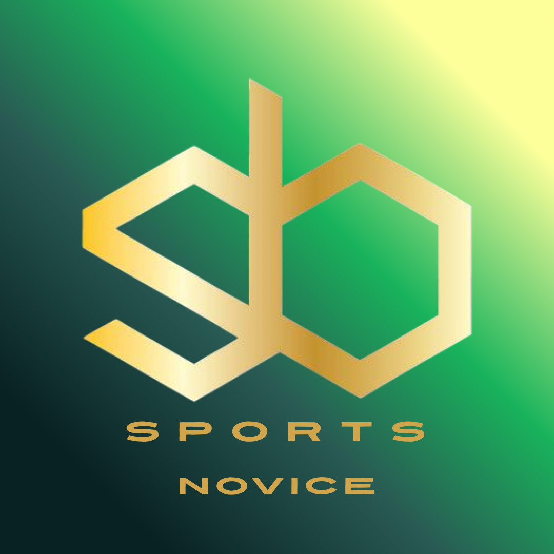 Logo with golden shapes forming 'S' and 'O' above the words 'SPORTS NOVICE' on a gradient background of green, yellow, and dark green.