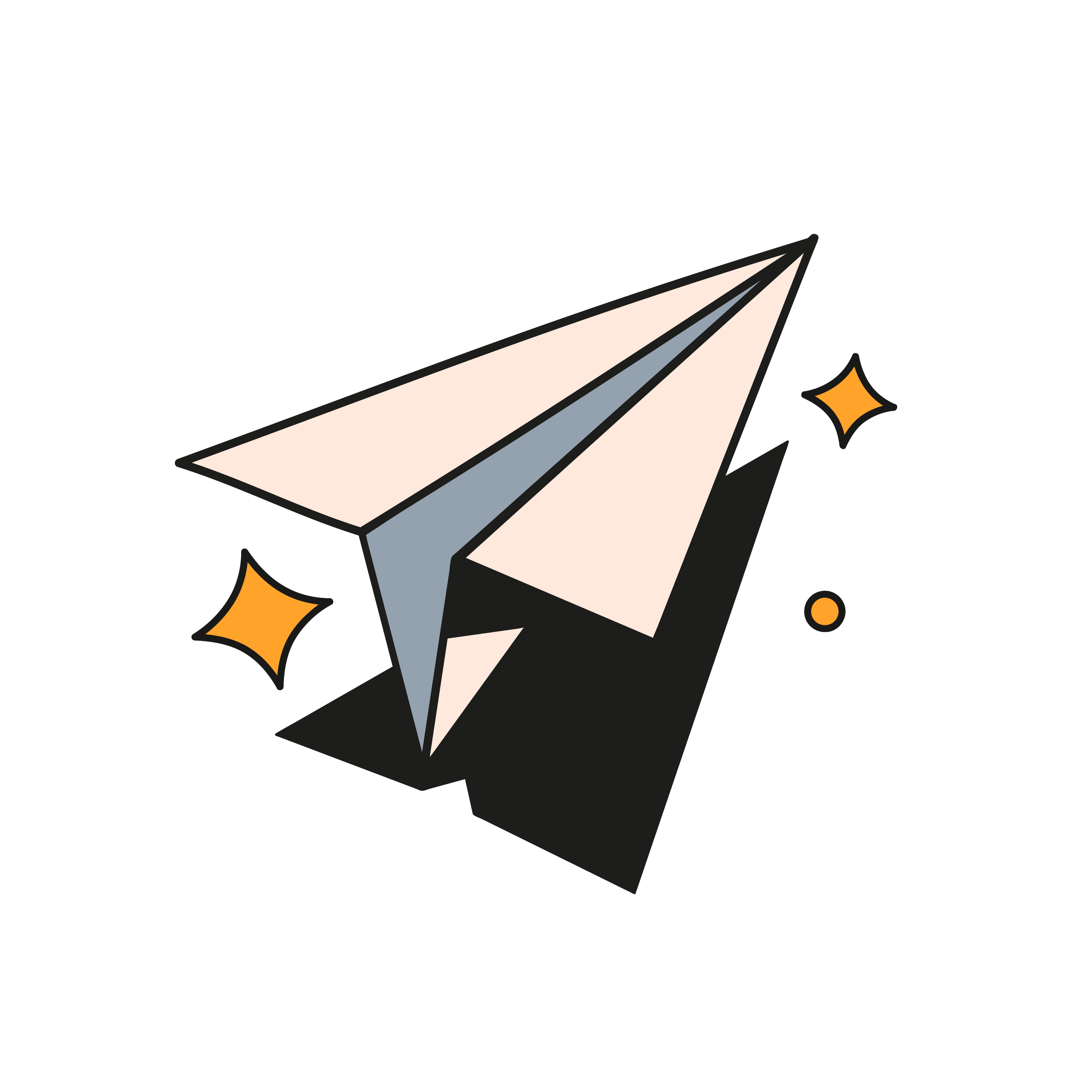 Un aeroplanino di carta bianco e blu con decorazioni nere, con due stelle arancioni intorno.