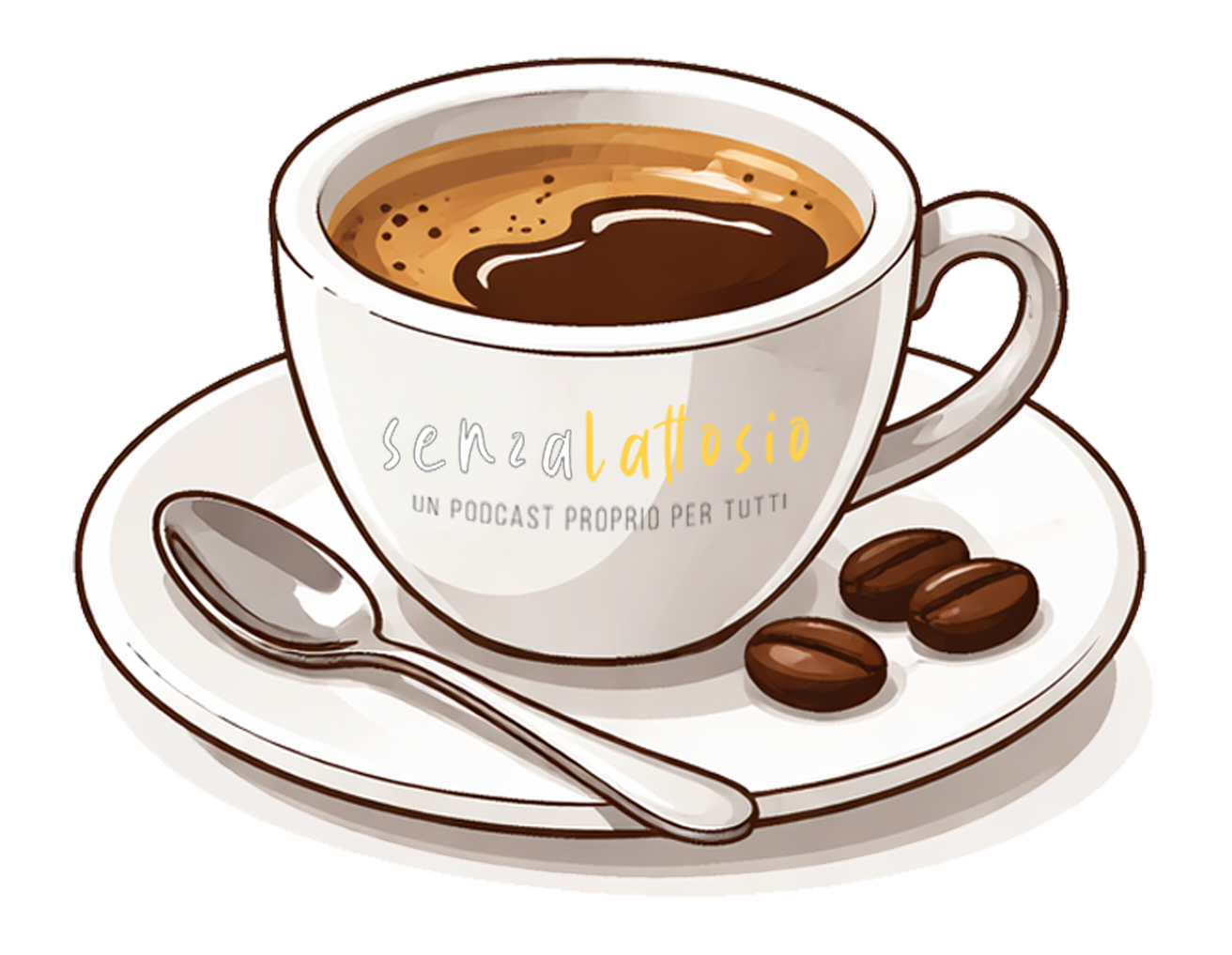 Tazza di caffè con il logo del podcast senza lattosio, accompagnata da tre chicchi di caffè e un cucchiaino su un piattino