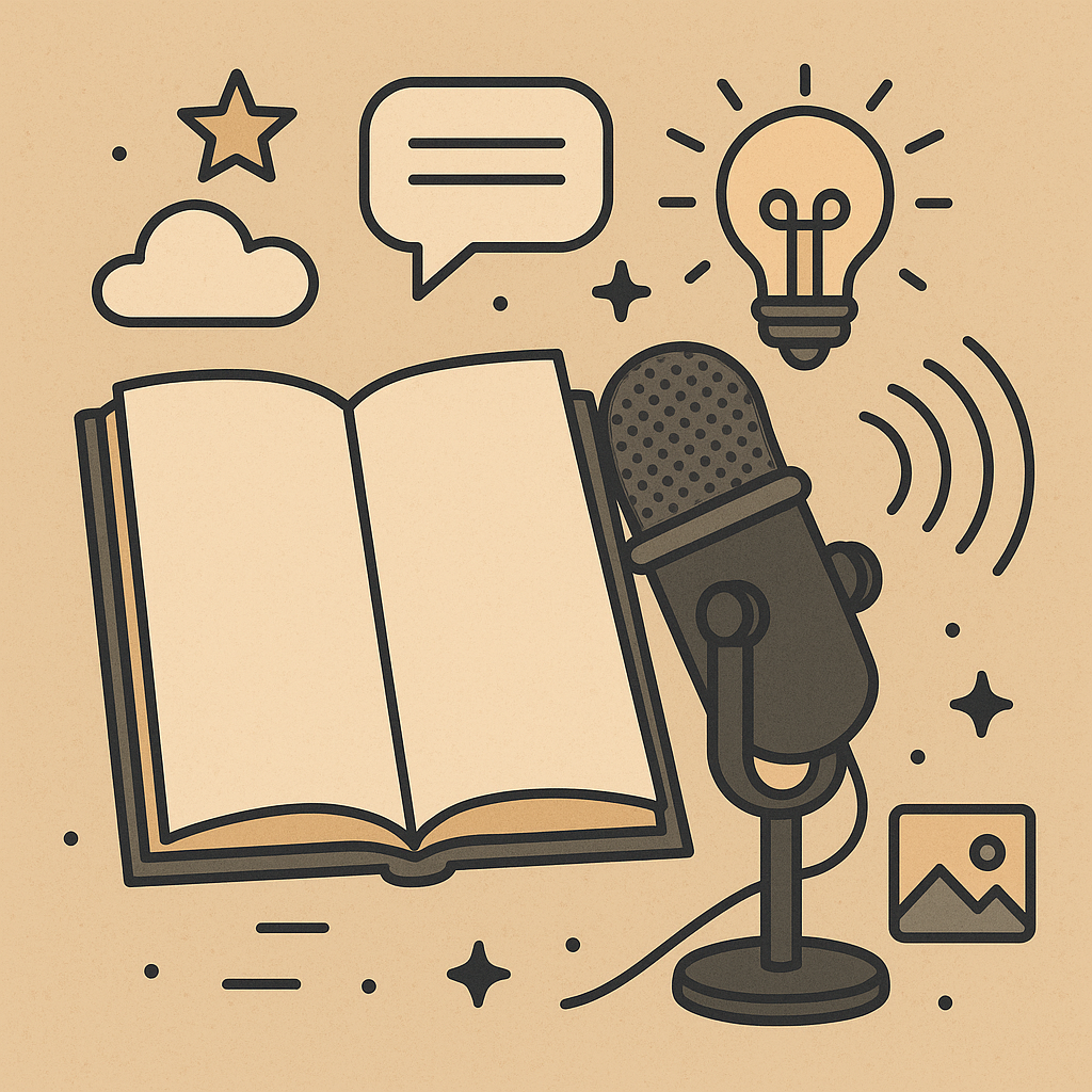 Illustrazione di un libro aperto, un microfono, una lampadina, un fumetto di dialogo, una nuvoletta, una stella, e varie icone e forme decorative sul sfondo beige, rappresentando attività di podcasting o narrazione.