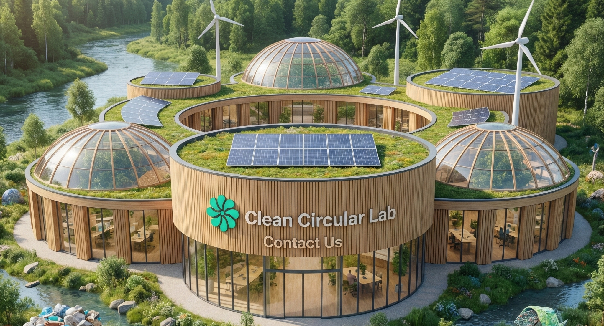 A modern eco-friendly building with glass domes and solar panels, surrounded by a lush green landscape with wind turbines and a river.