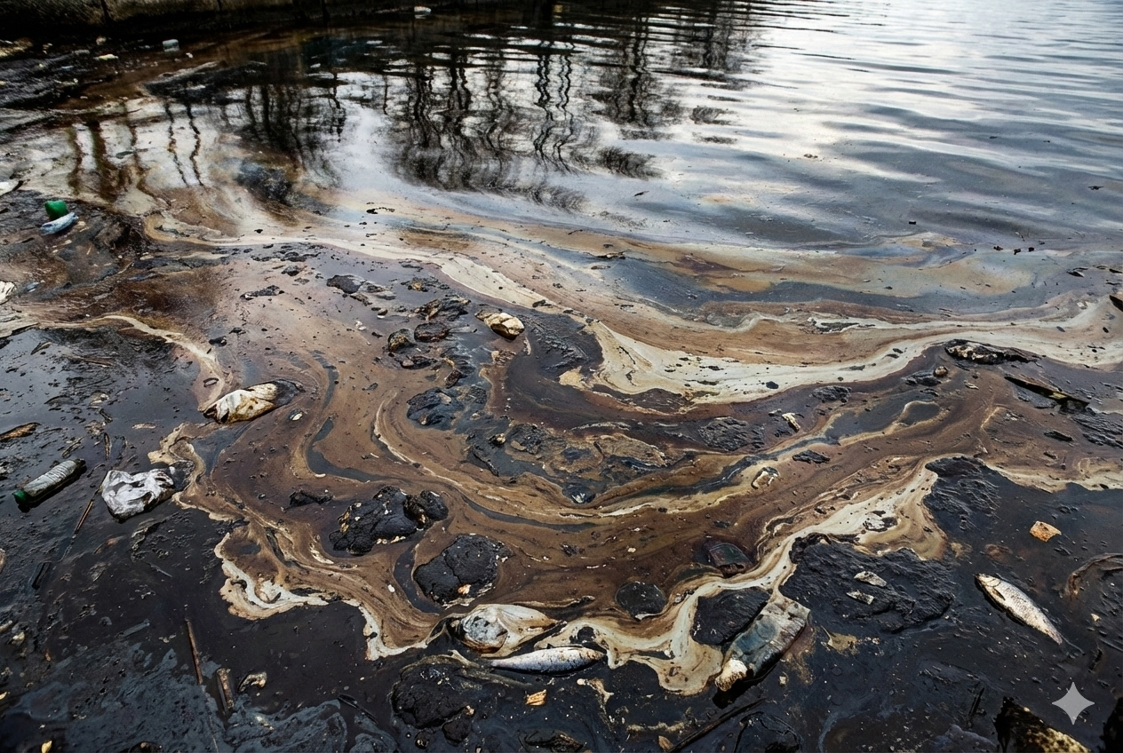 Oil spill on water with floating debris and smudged oil slicks.