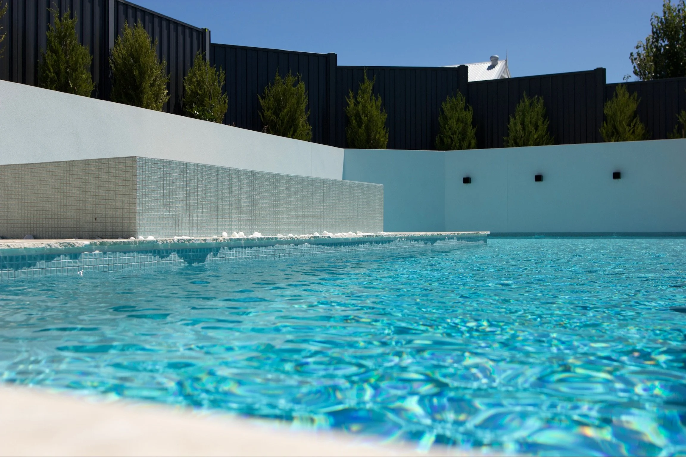 Photo of a clean swimming pool with blue water, surrounded by white walls, small trees behind a dark wooden fence, and clear blue sky.