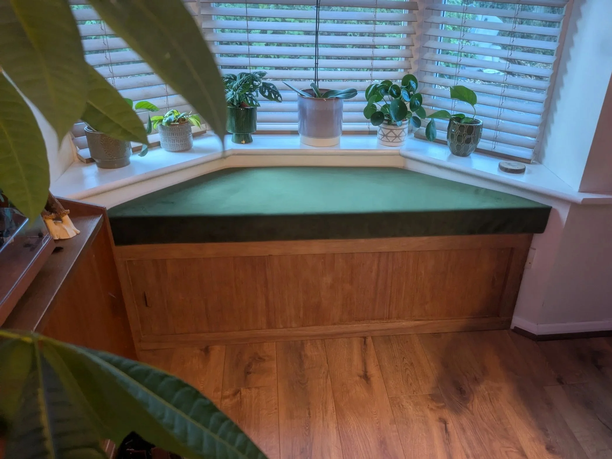 A window seat with green cushions and several potted plants on the windowsill, with closed blinds in the background.