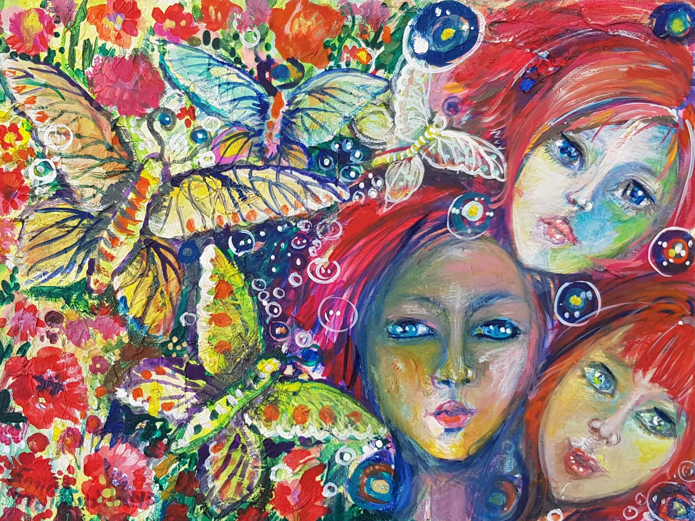 Three Girls & Butterfly Energy | Acrylic on Canvas | 15 x 25 cm | 700 USD