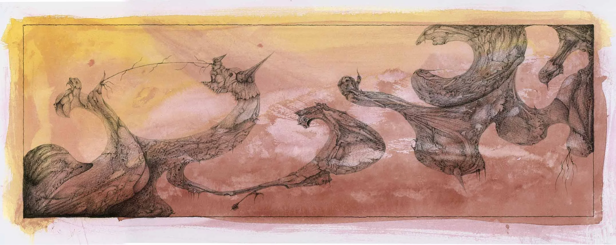Cosmic Evolution  
| Ink & Pencils on Watercolour  
| 56 x 22 cm