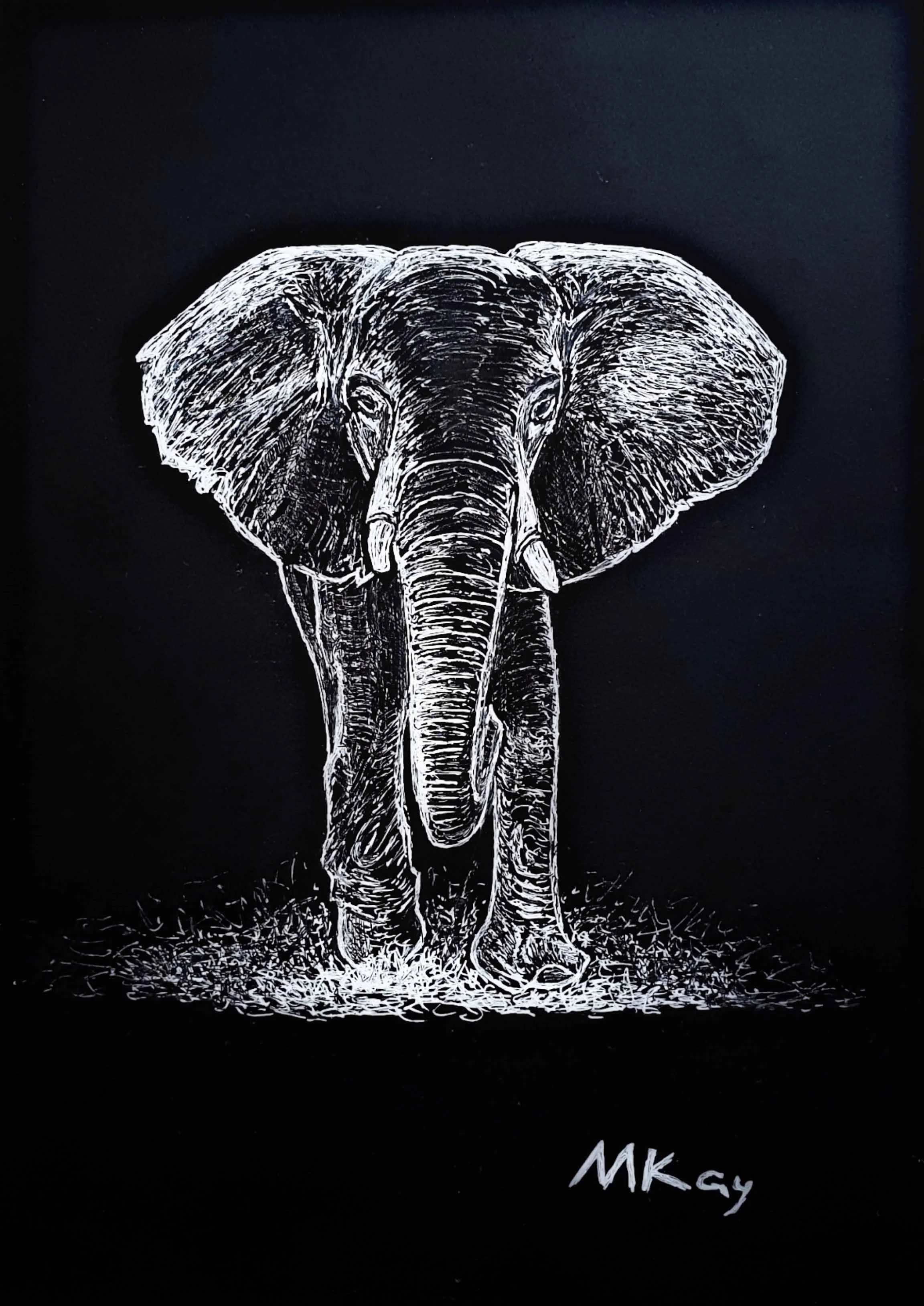 Elefante | Black & White Gel Pen Drawing | 21 x 30 cm | 950 USD