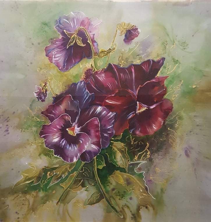 Pansies | Acrylic Batik on Silk | 50 x 50 cm | 450 USD
