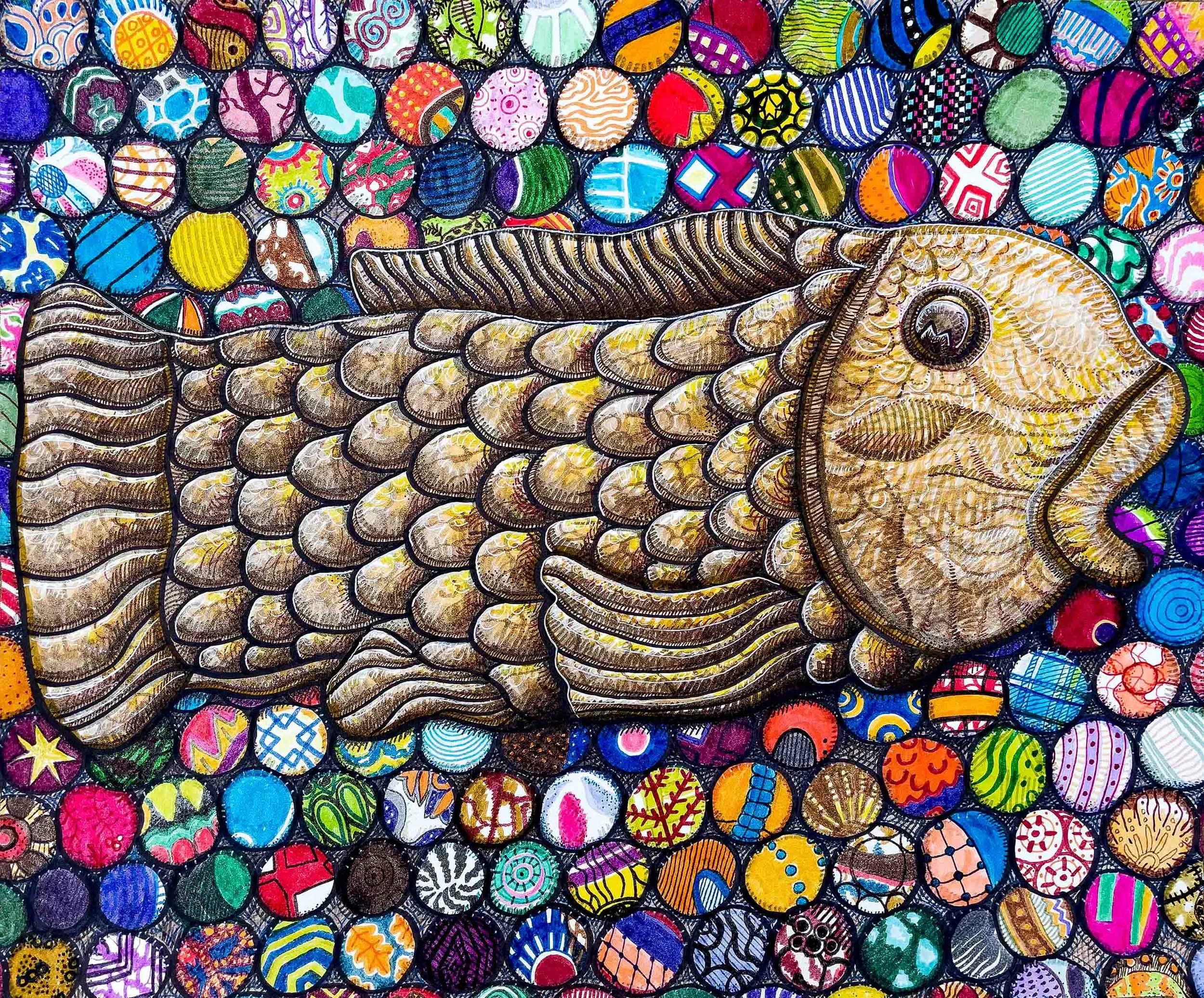 Carved Fish with Bottle Caps - Lake Malawi | Watercolour on Paper | 43.2 x 35.6 cm | 900 USD