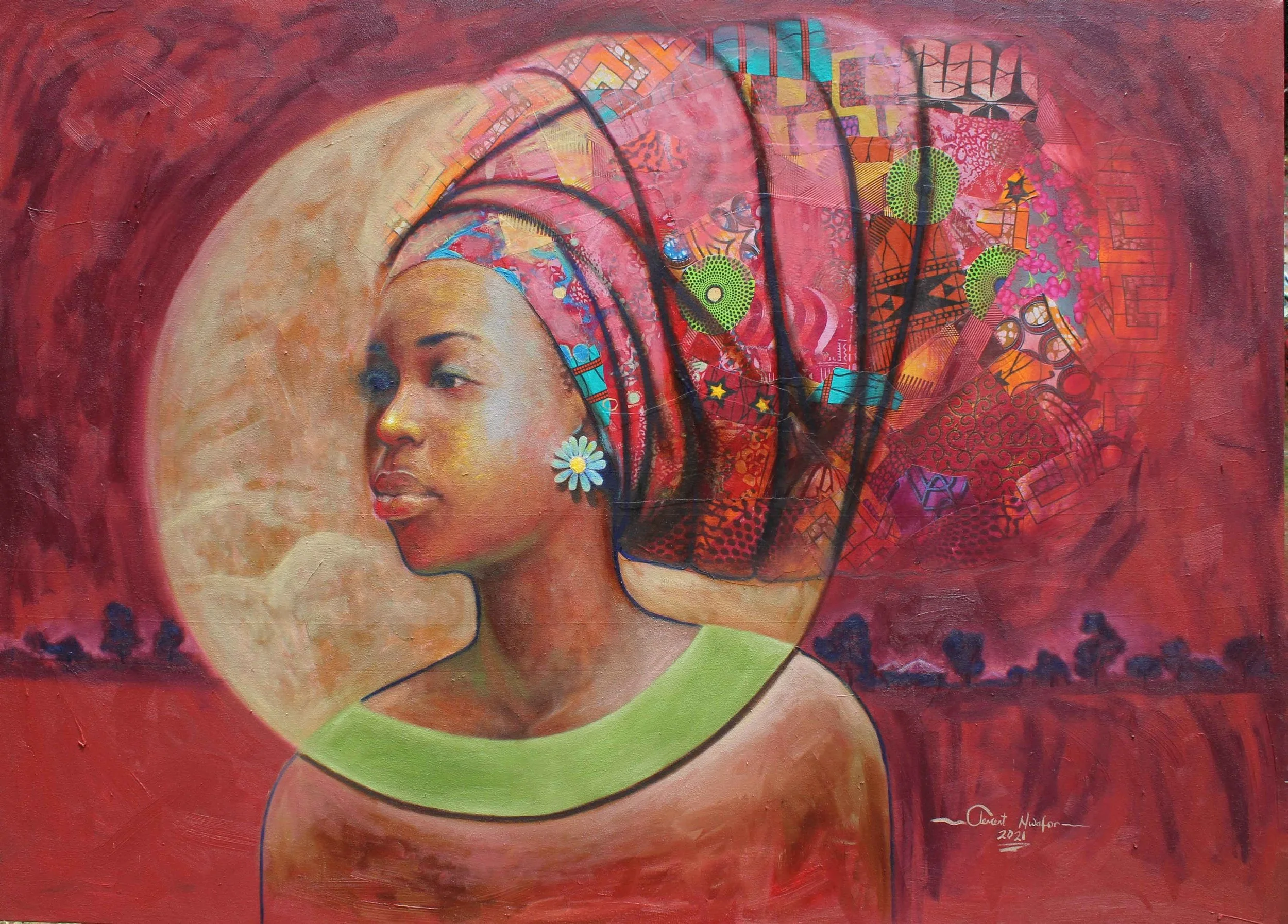 Owuwa Anyanwu 4
| 152 x 106 cm
| Mixed Media (Oil and
Fabrics on Canvas)
| 5000 USD