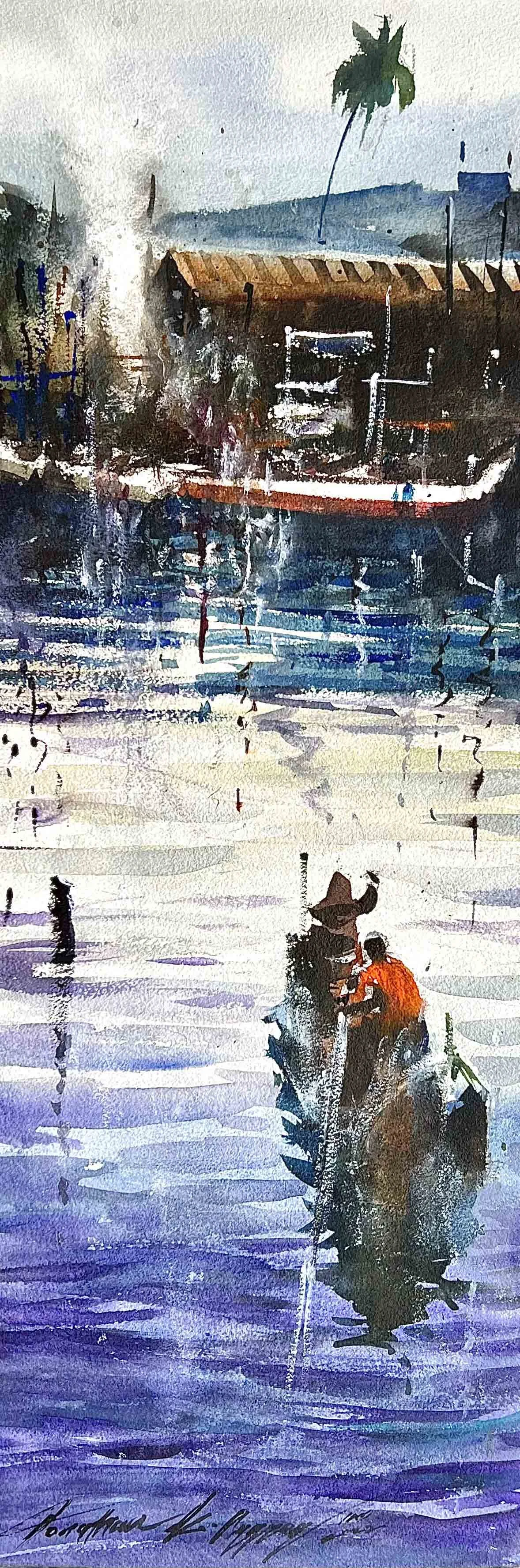 Solo Fishing: Elinam | 28 x 76cm | Watercolour on Canvas | 1,000 USD