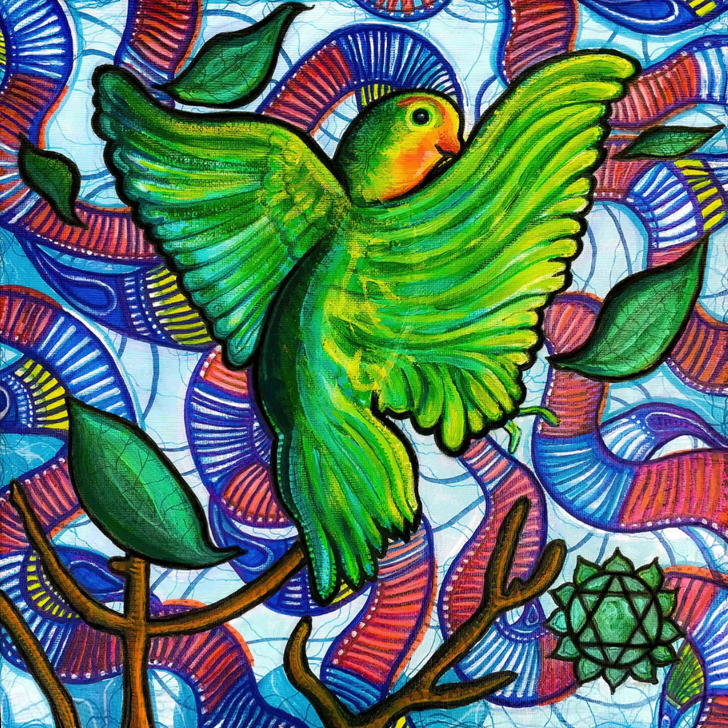 Lilian’s Lovebird Heart Chakra Meditation | Acrylic on Canvas | 30 x 30 cm | 900 USD
