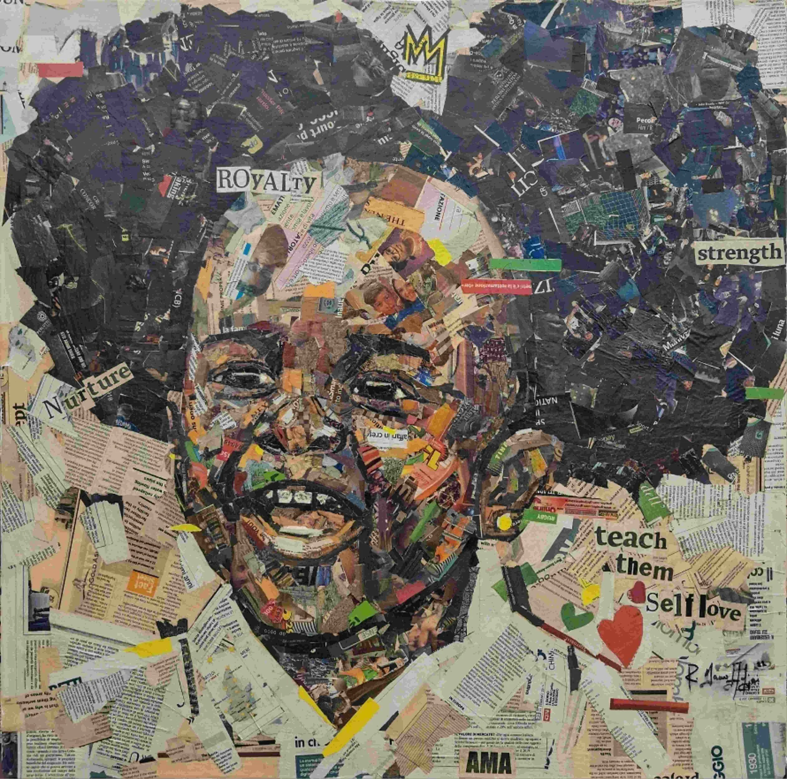 Hairitage V 
| Newsprints on Canvas  
| 76 x 76 cm