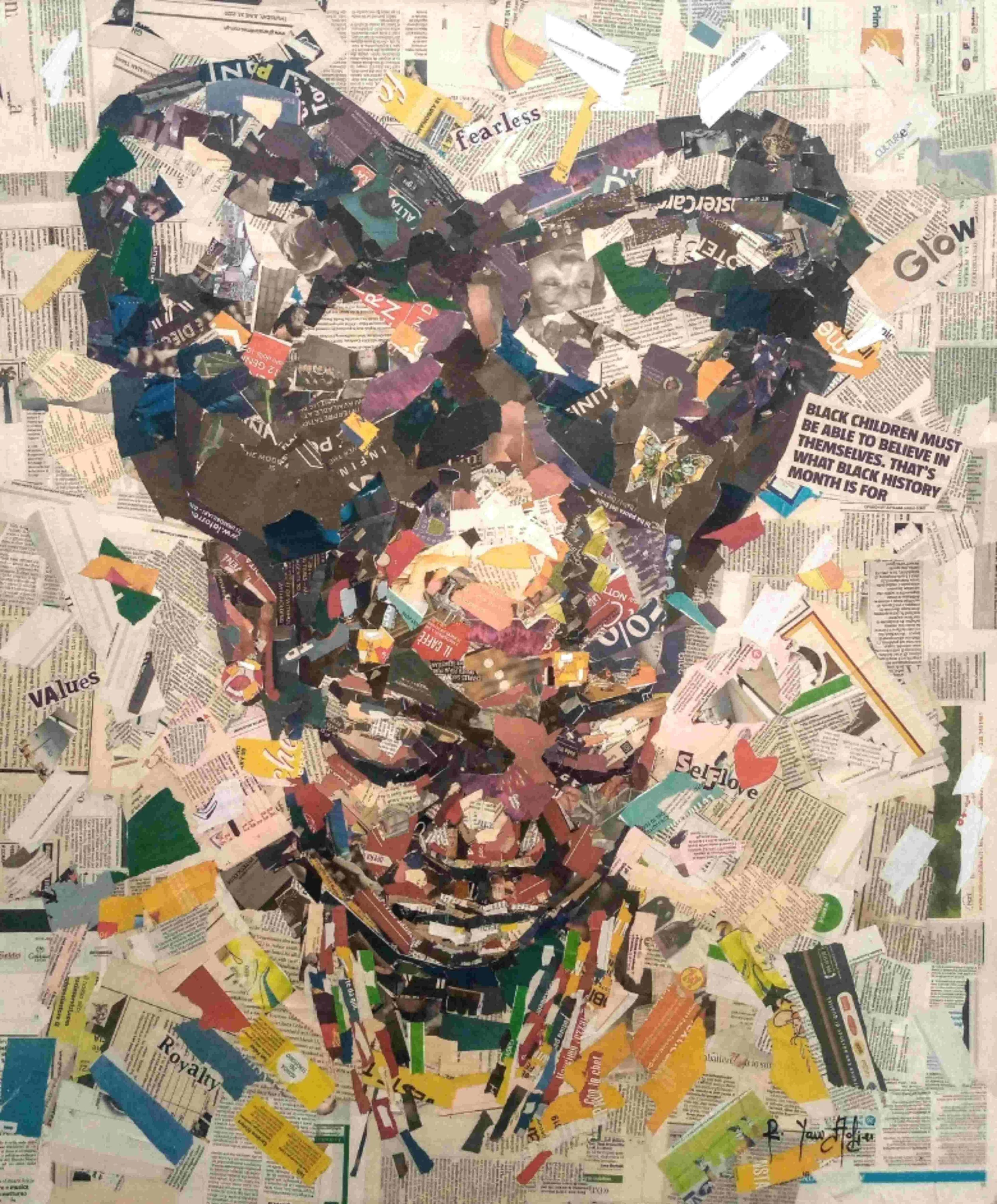 Hairitage  
| Newsprints on Canvas  
| 87 x 105 cm