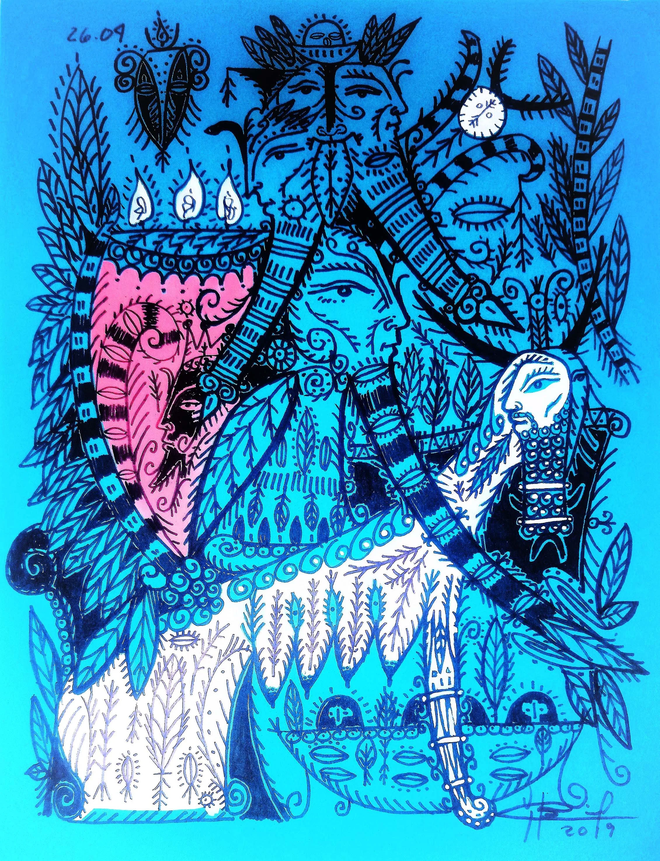 The Party of the King
| Ink on Cardstock
| 20" x 22"
| 150 USD