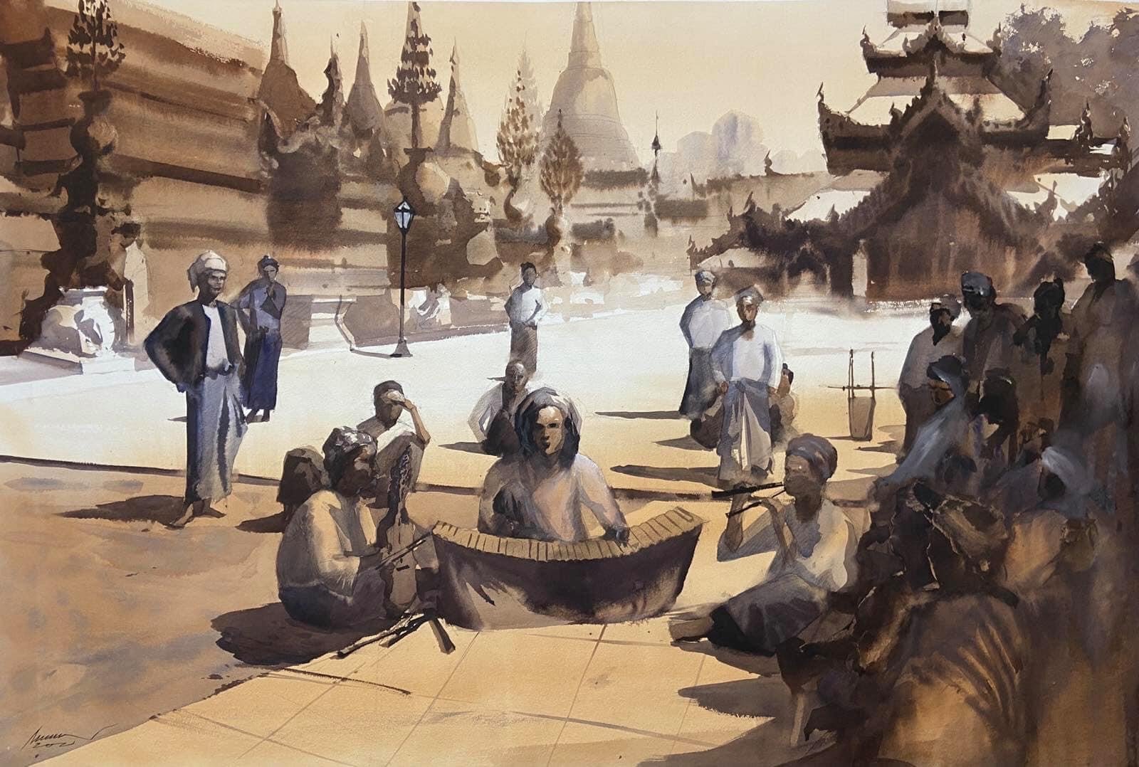 Once upon a time in Shwedagon Pagoda 
| 45 inches x 30 inches 
| Watercolour on Paper
| 1000 USD (without framing)