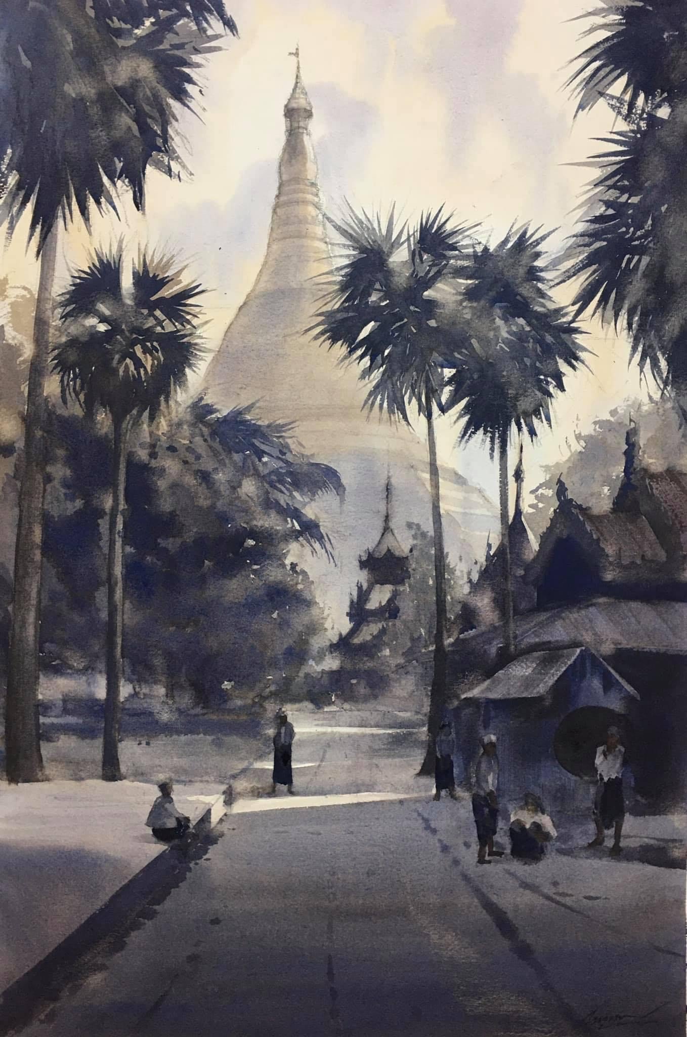 Shwedagon Pagoda Retrospective View
| 15 inches x 22 inches 
| Watercolour on Paper
| 300 USD (without framing)