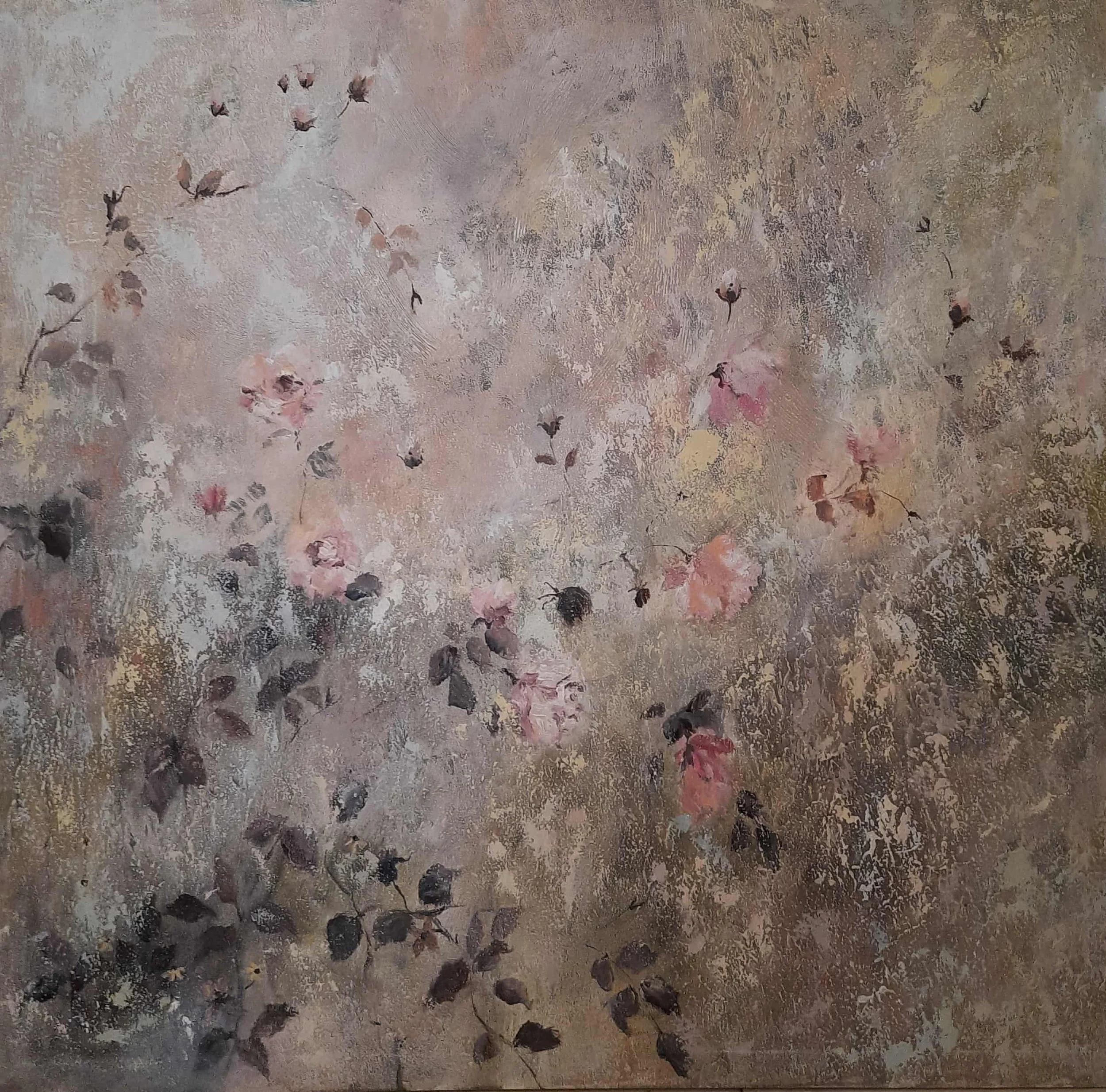 Rustic Roses  
| Acrylic and Mixed Media on Canvas  
| 114 x 109 cm 