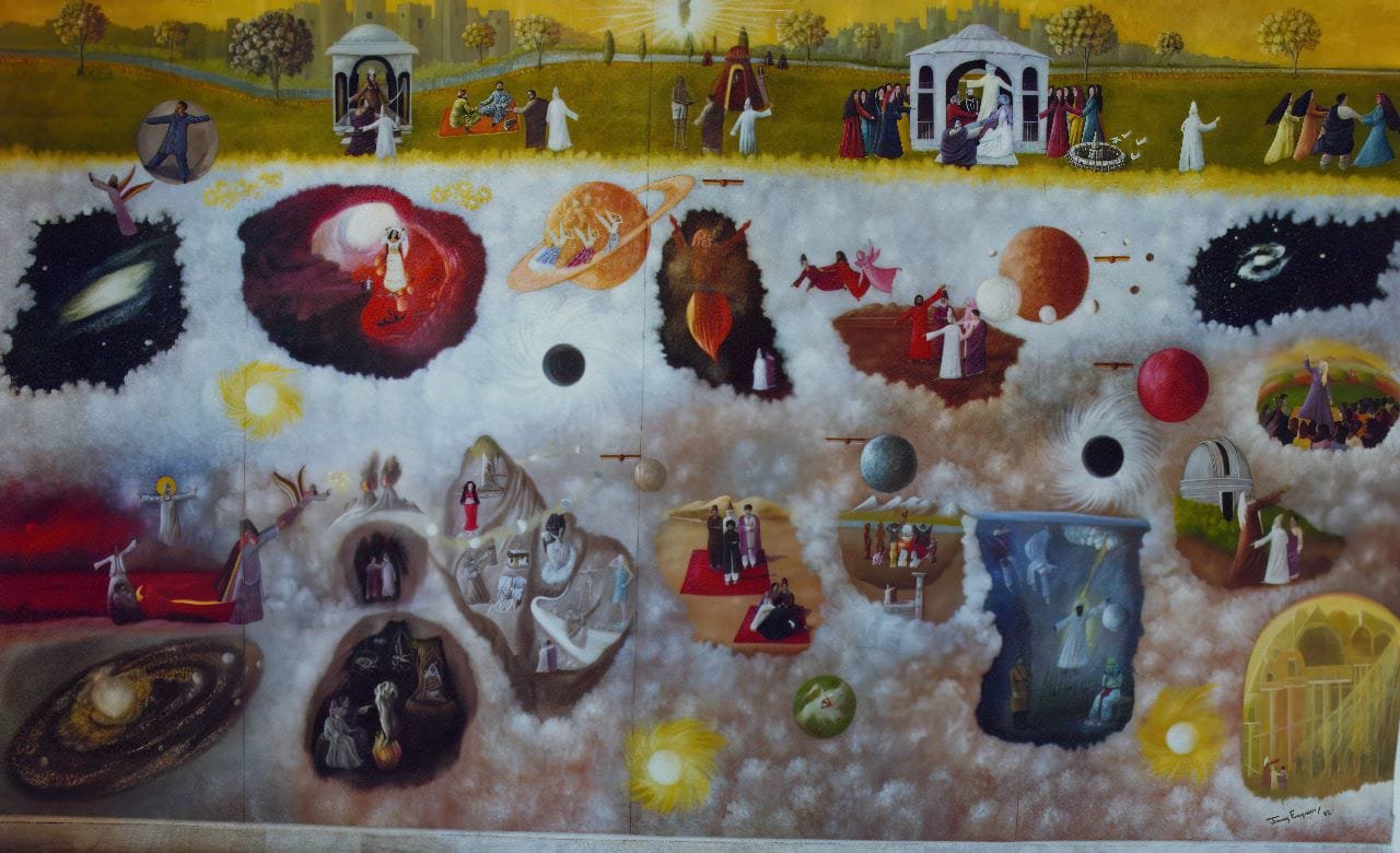 Poet Allama Iqbal's Javed Nama  
| Oil on Board  
| 3 x 4 meter  
| Year: 1982