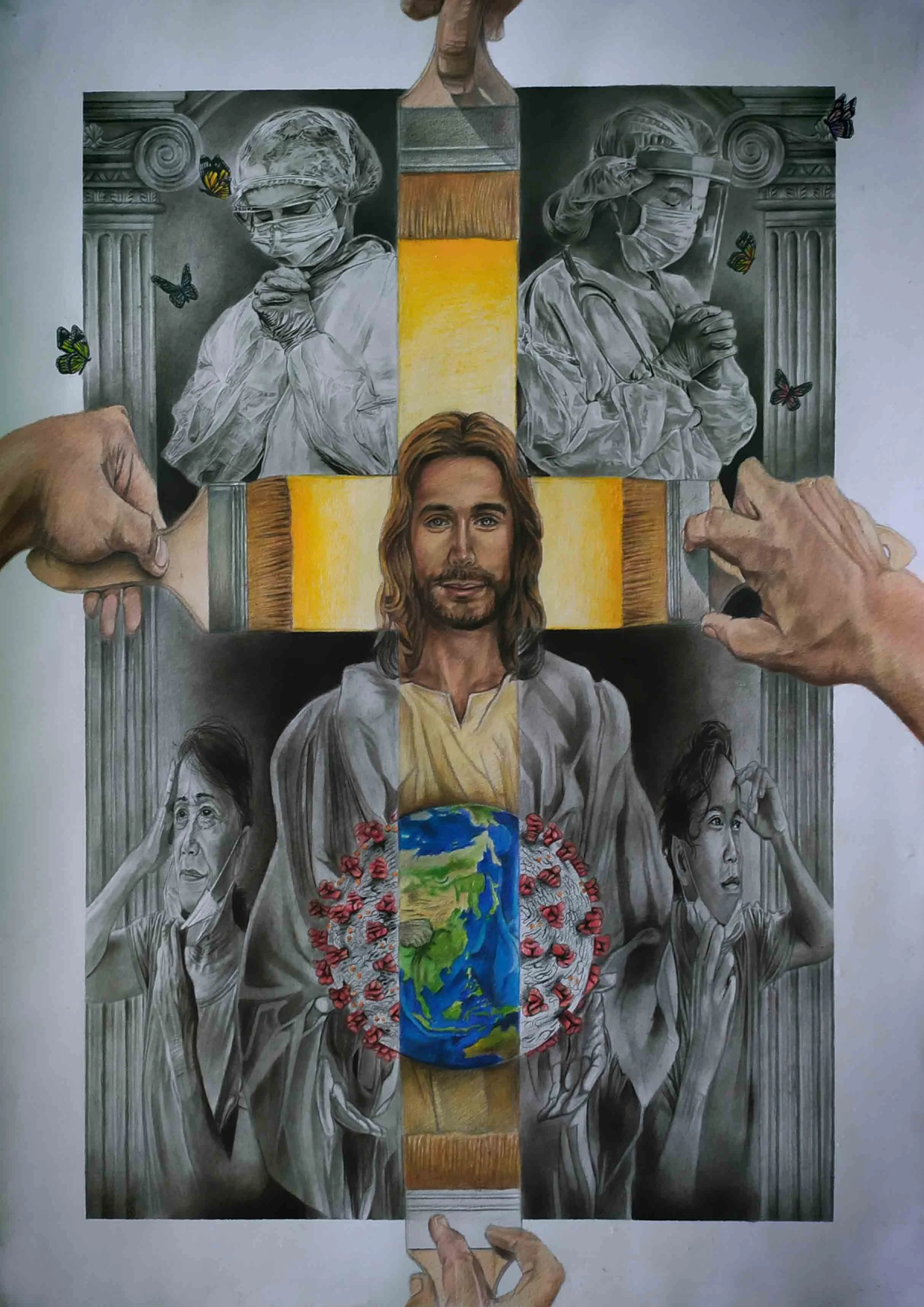The Lord Is with Us | Charcoal, Graphite, Coloured Pencil on Vellum Paper | 42 x 30 cm 