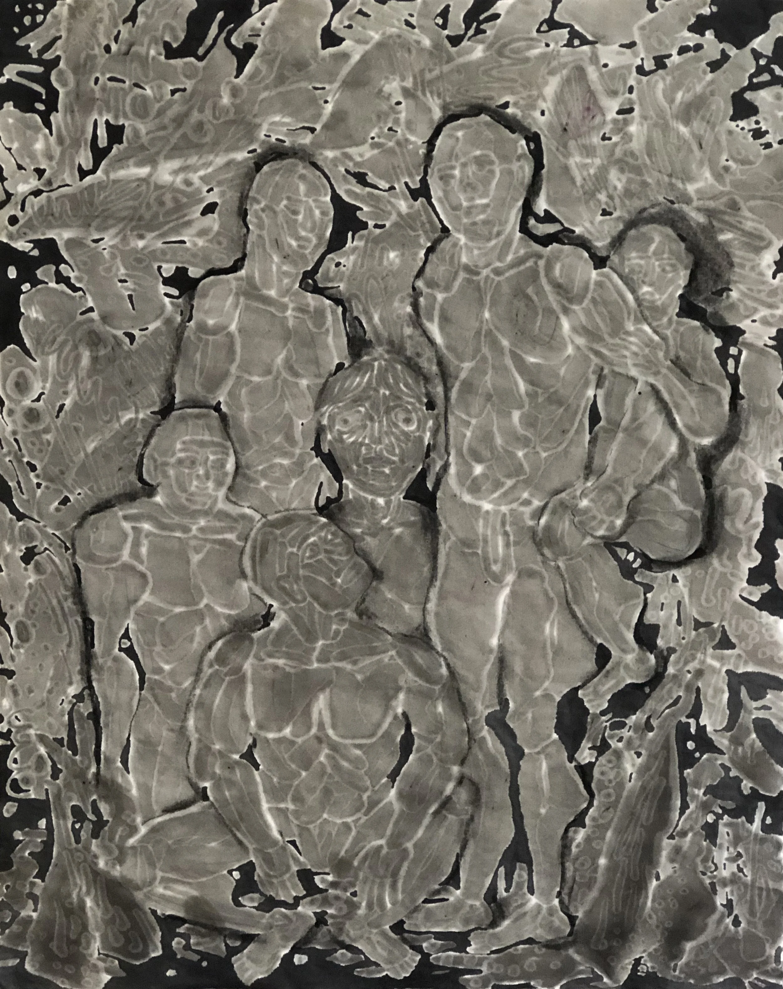 Black and white stained glass artwork of multiple children and a centaur-like figure.
