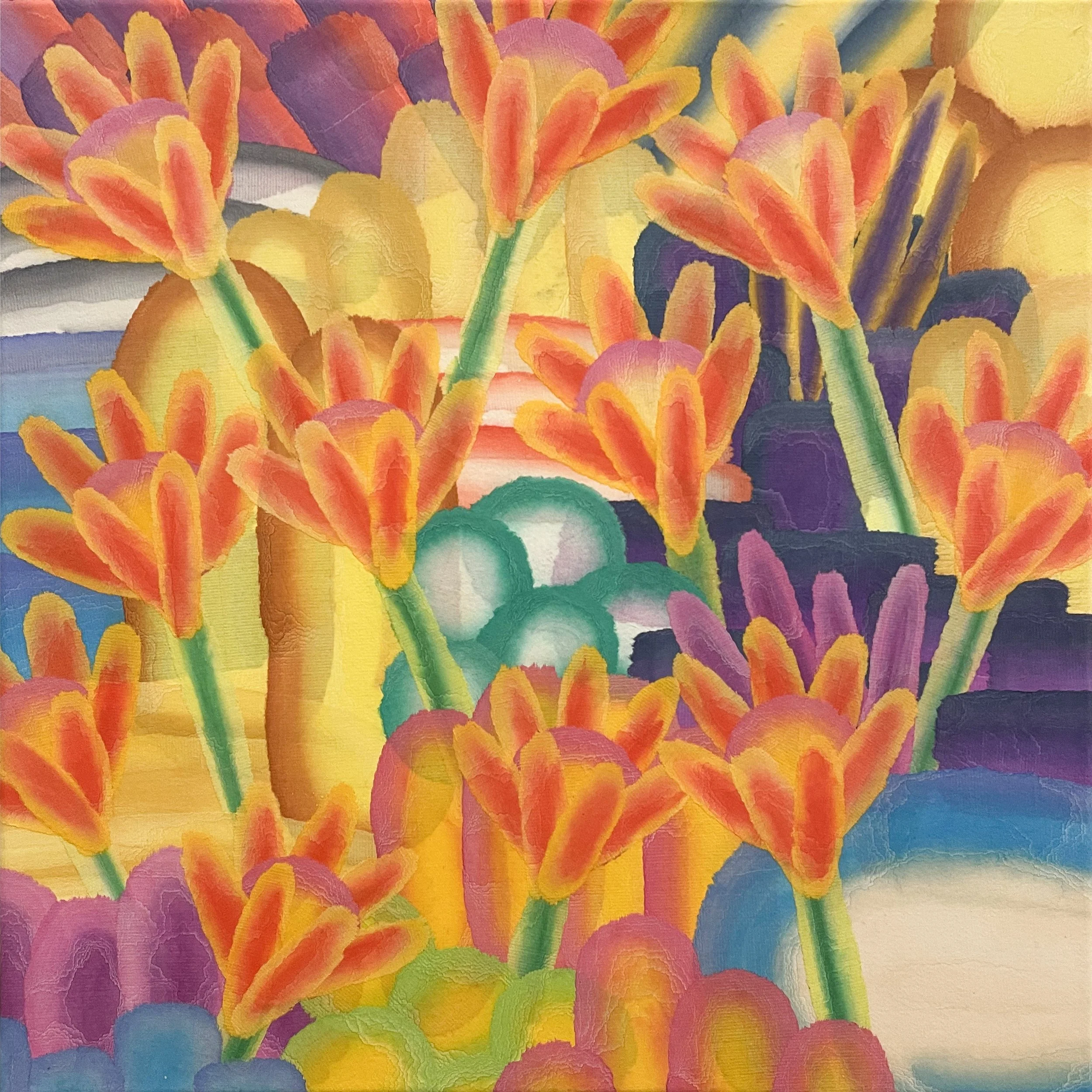 Vibrant abstract painting of orange and purple flowers with green stems in a colorful landscape.