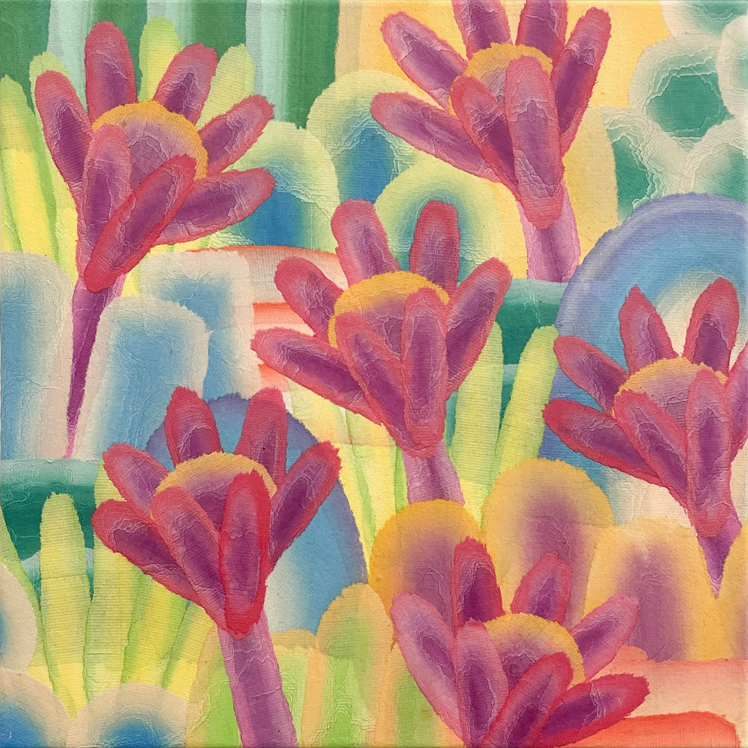 A vibrant abstract painting of purple and pink flowers with yellow accents against a colorful background of green, blue, yellow, and teal.