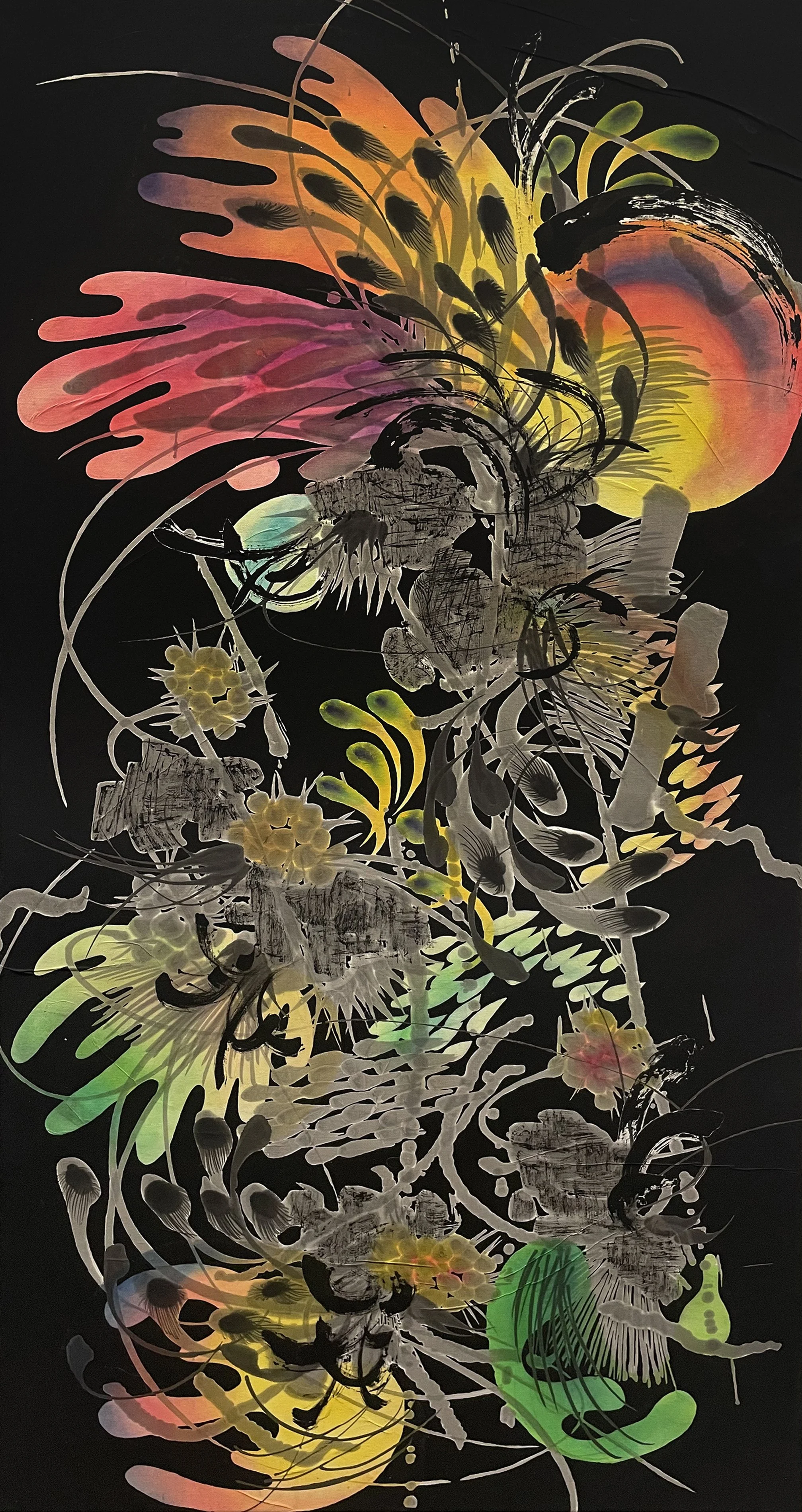 Colorful abstract floral artwork with black, white, pink, yellow, green, and orange elements on a dark background.