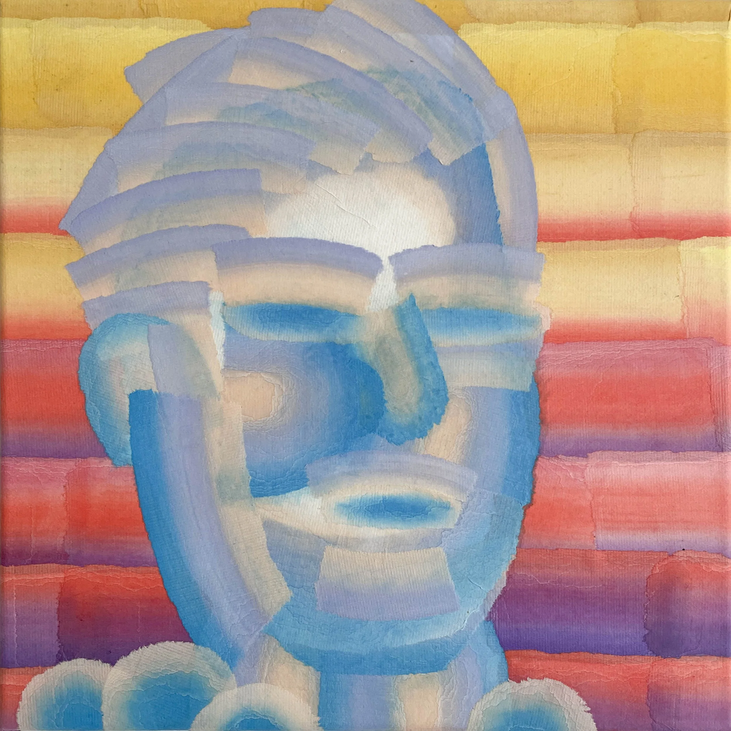 A colorful abstract painting of a human face with layered brushstrokes in shades of blue, purple, beige, and white, set against a background of horizontal bands in yellow, orange, red, and purple.