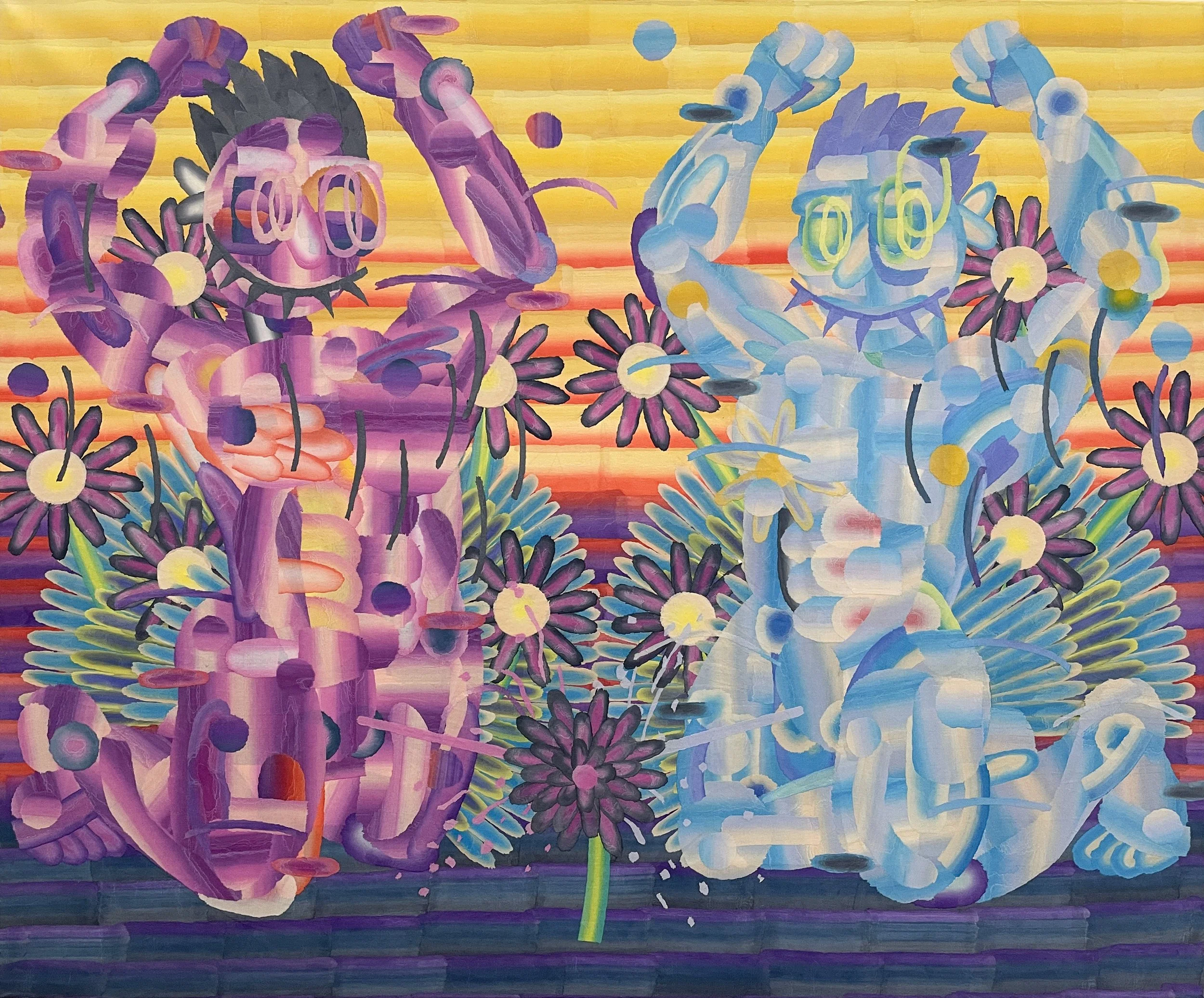 A colorful abstract painting of two cartoon-like characters with spiky hair, glasses, and expressive faces, surrounded by flowers and vibrant background colors.
