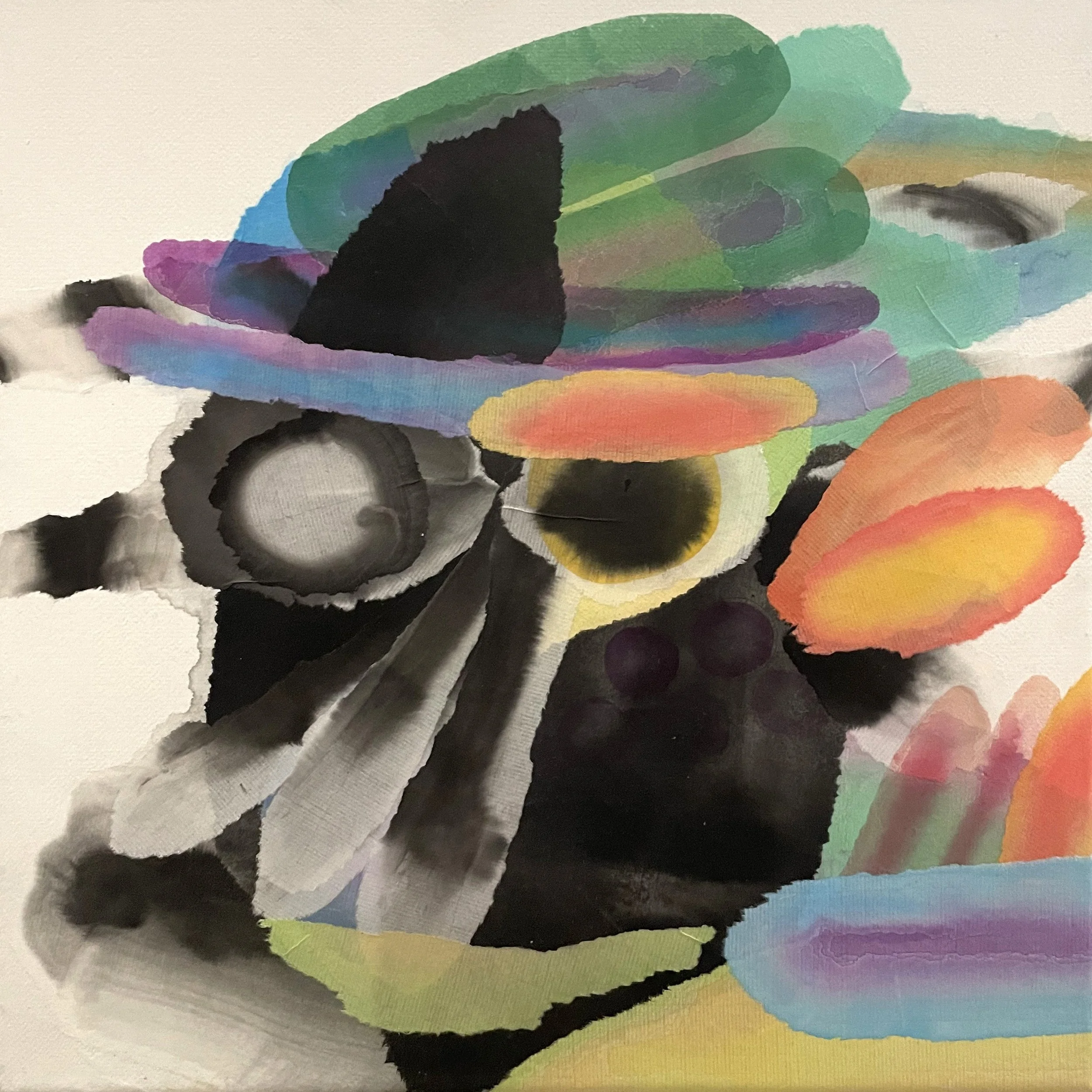 Abstract watercolor painting with colorful, overlapping, oval and circular shapes in shades of green, pink, orange, purple, black, and gray.