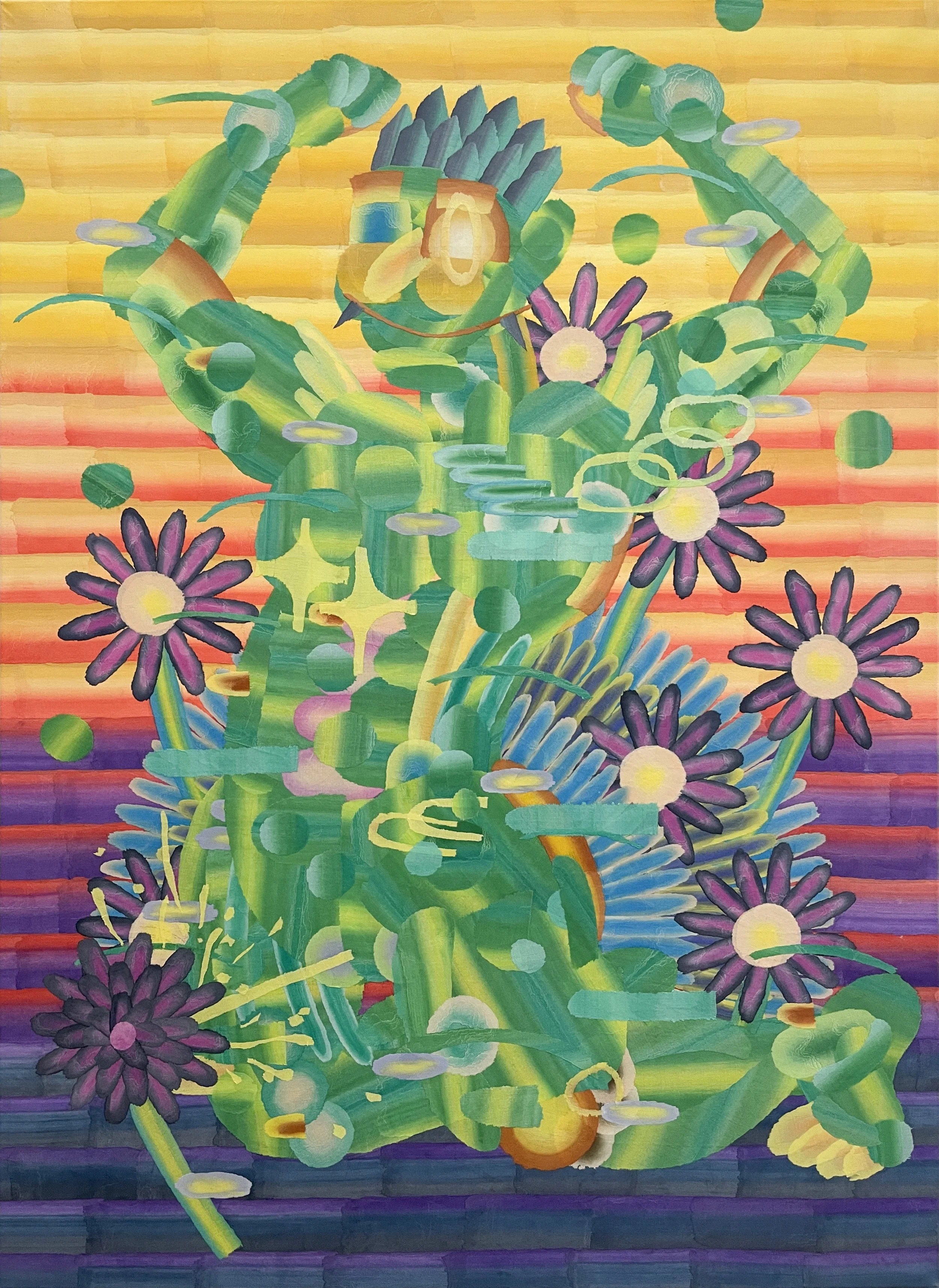 Colorful abstract painting of a cactus with purple flowers, set against a vibrant, rainbow-hued background with horizontal stripes.