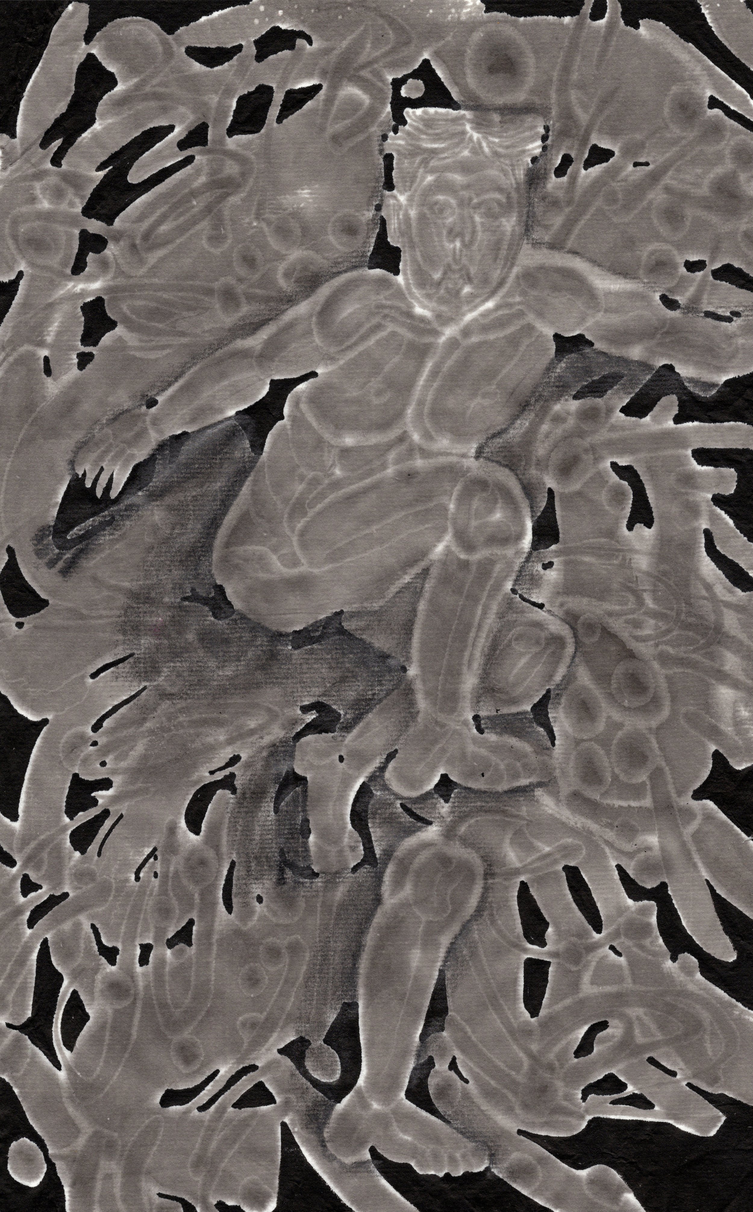 Black and white artwork depicting a mythological figure with wings, a crown, and a muscular body, surrounded by intricate patterns and designs.