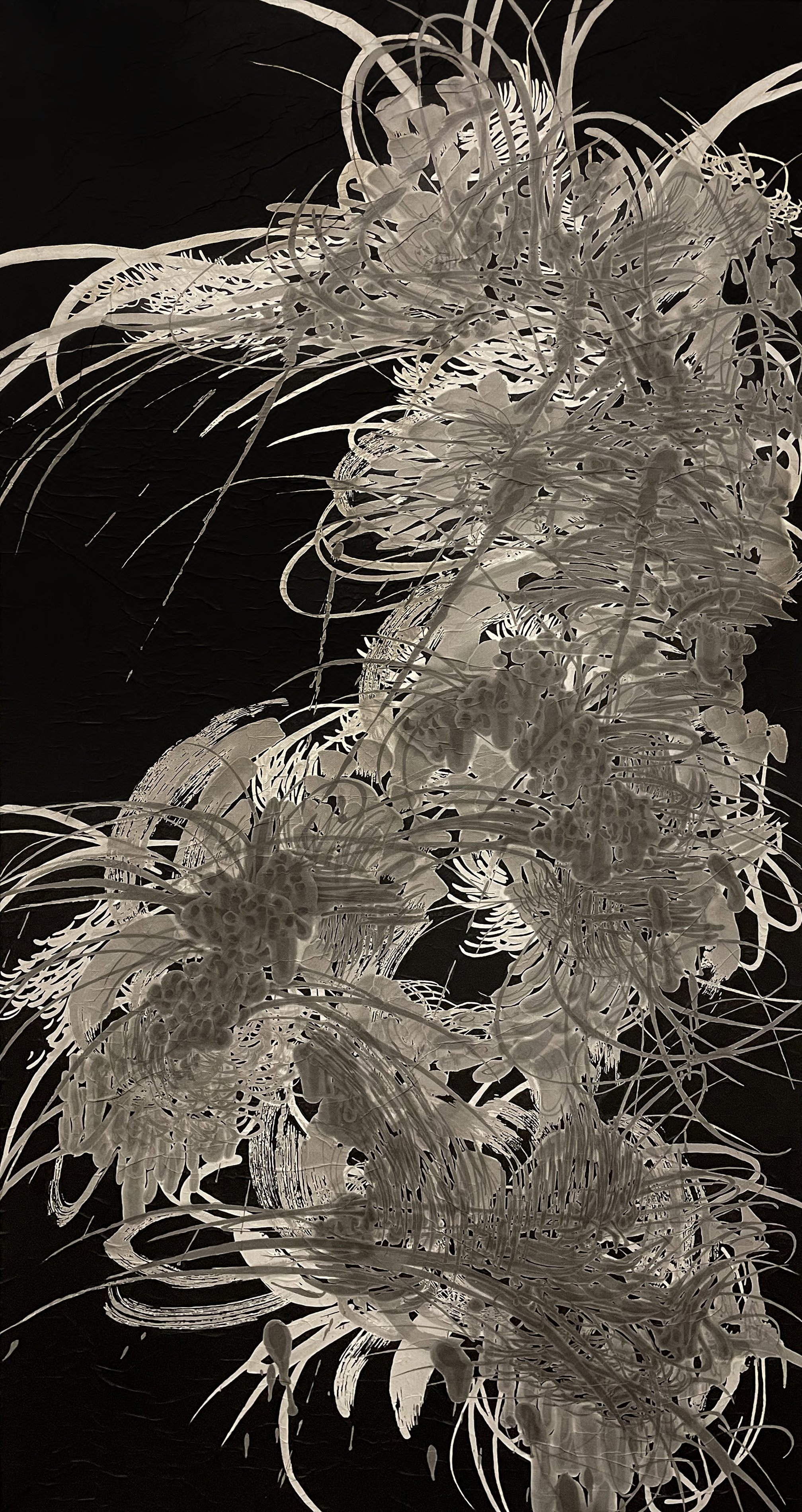 An abstract black and white artwork featuring intricate, swirling, and layered organic shapes resembling flowers and plant forms.