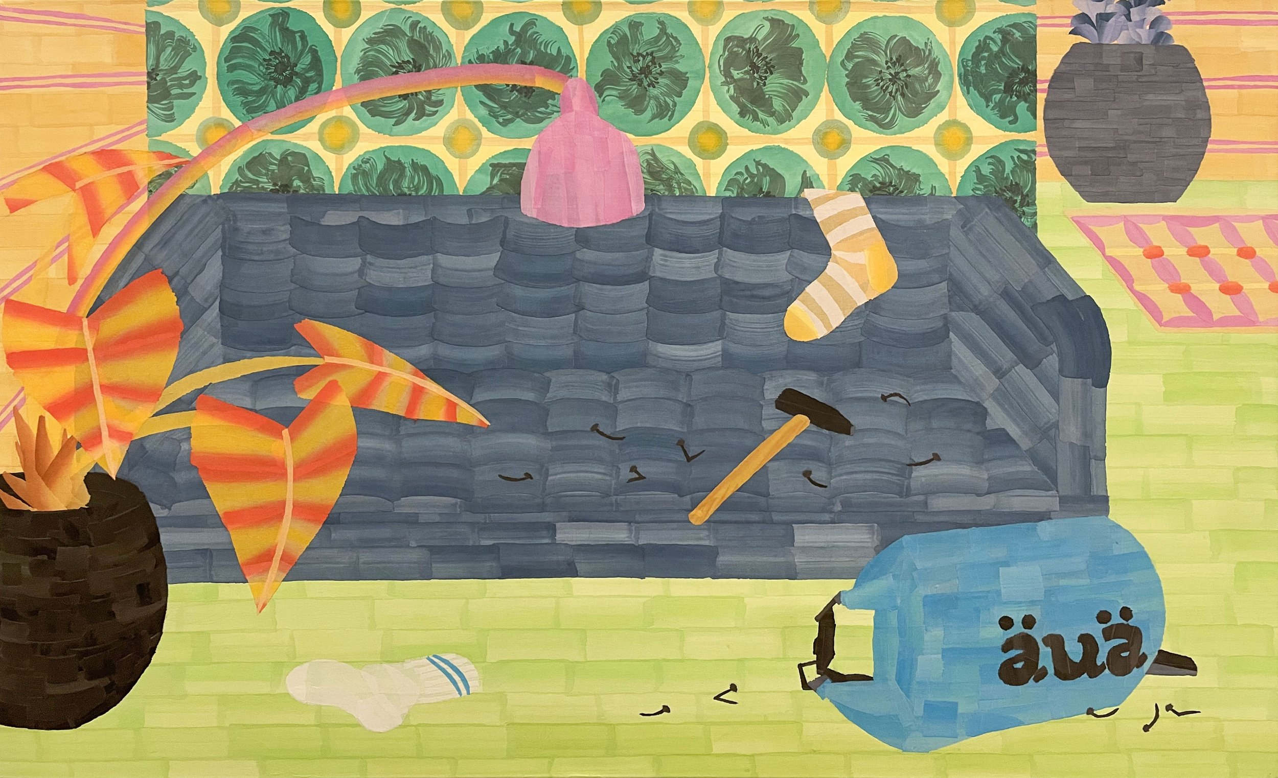 Painting of a cluttered living room with a fish tank, table, lamp, plant, water bottle, and a sock.