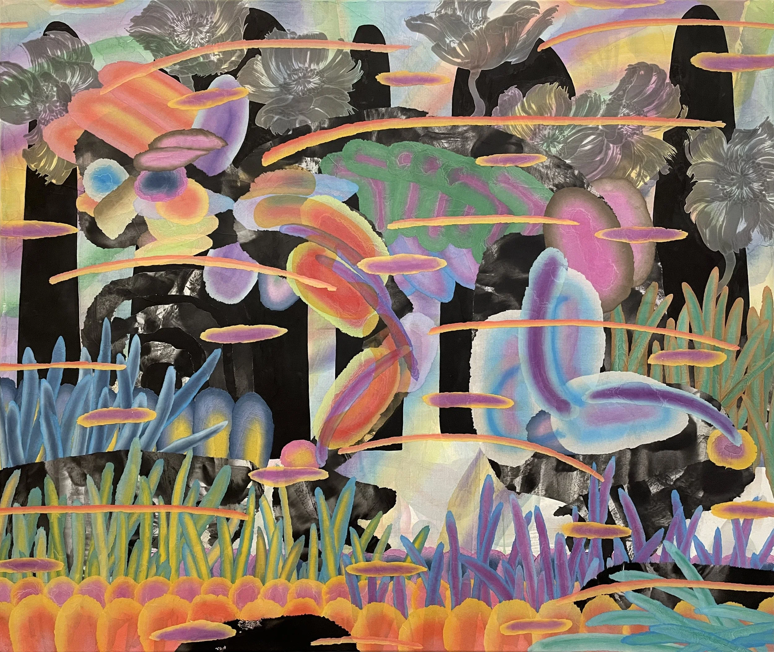 Colorful surreal landscape with glowing plants, floating orange and purple clouds, dark tree silhouettes, and vibrant structures resembling abstract mushrooms and leaves.