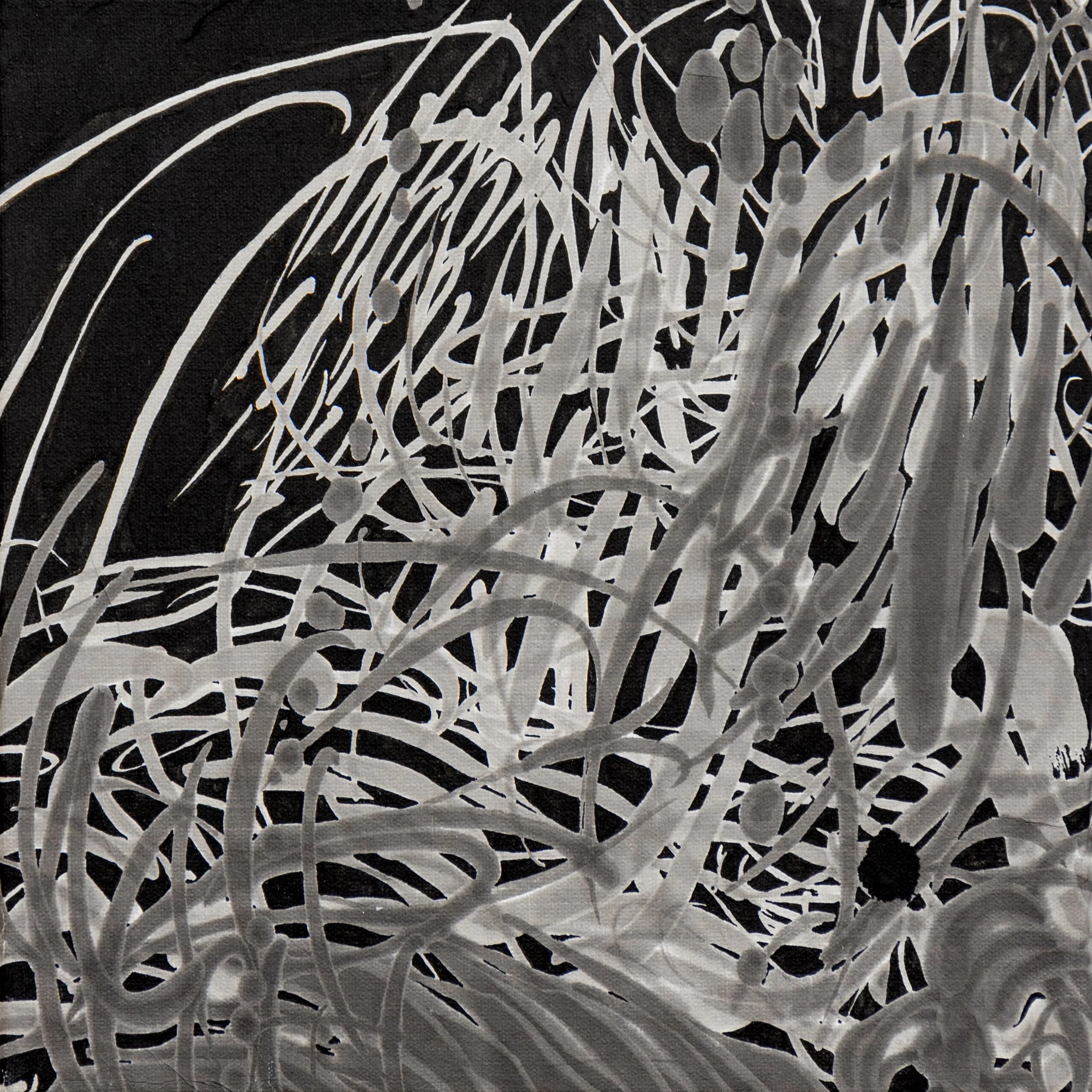 Black and white abstract painting with swirling lines and shapes.